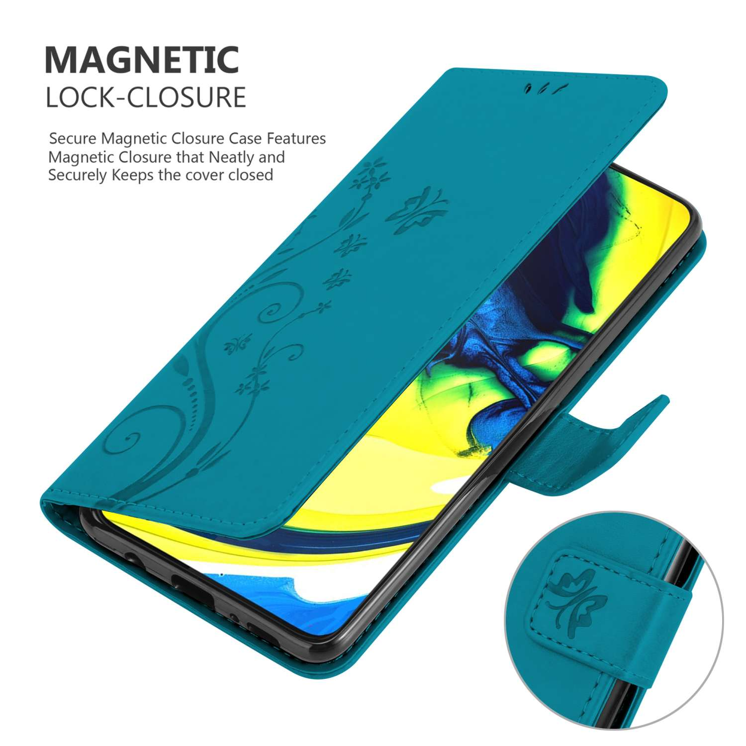 Custodia per telefono verde acqua aperta, che mostra un telefono. Testo: Chiusura magnetica.
