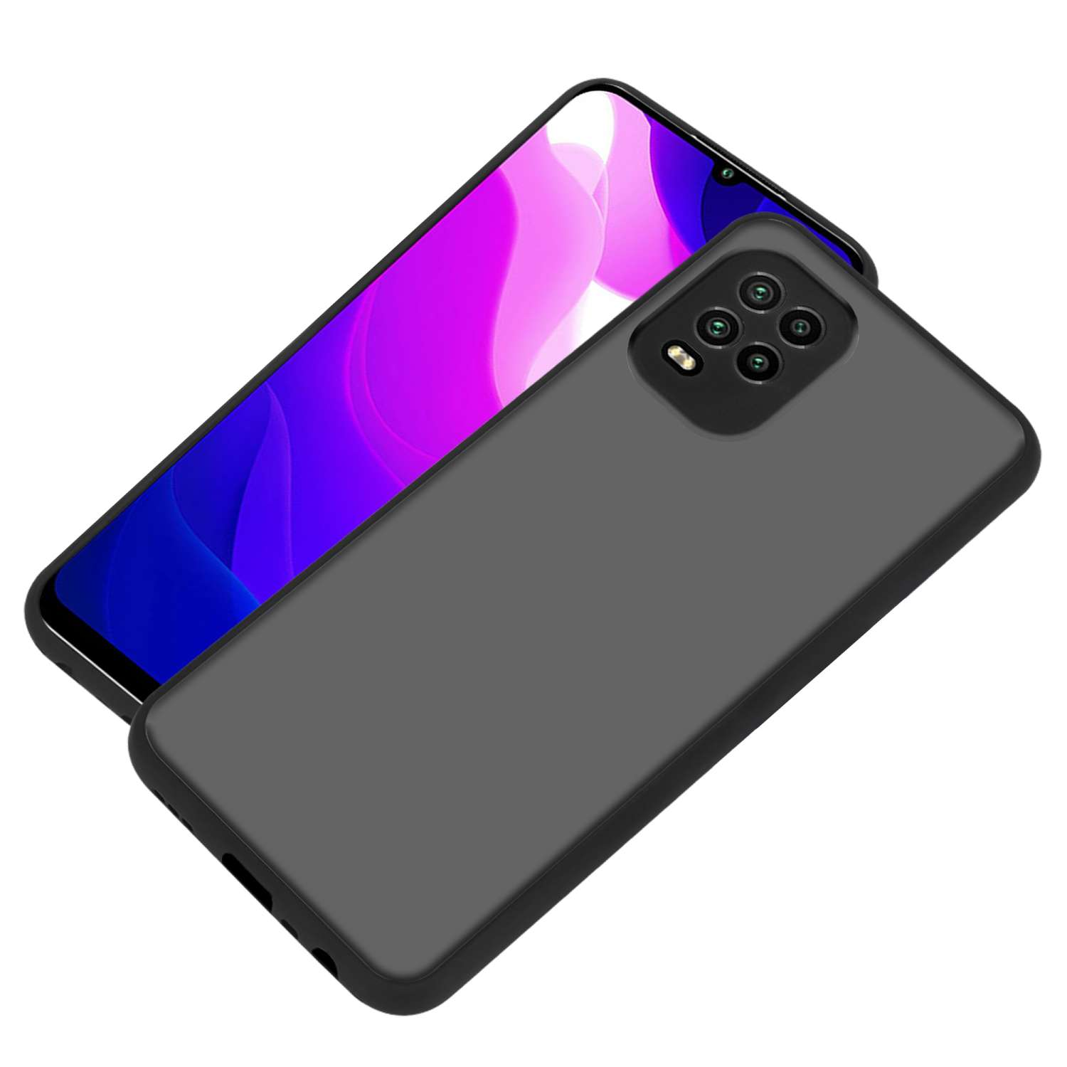 Custodia nera per telefono sopra smartphone nero. Il telefono ha lenti della fotocamera nell'angolo.