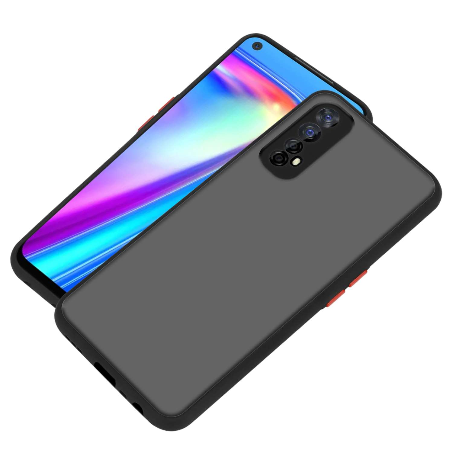 Una custodia grigia sopra un telefono. Il telefono ha un sistema multi-fotocamera ed è nero.