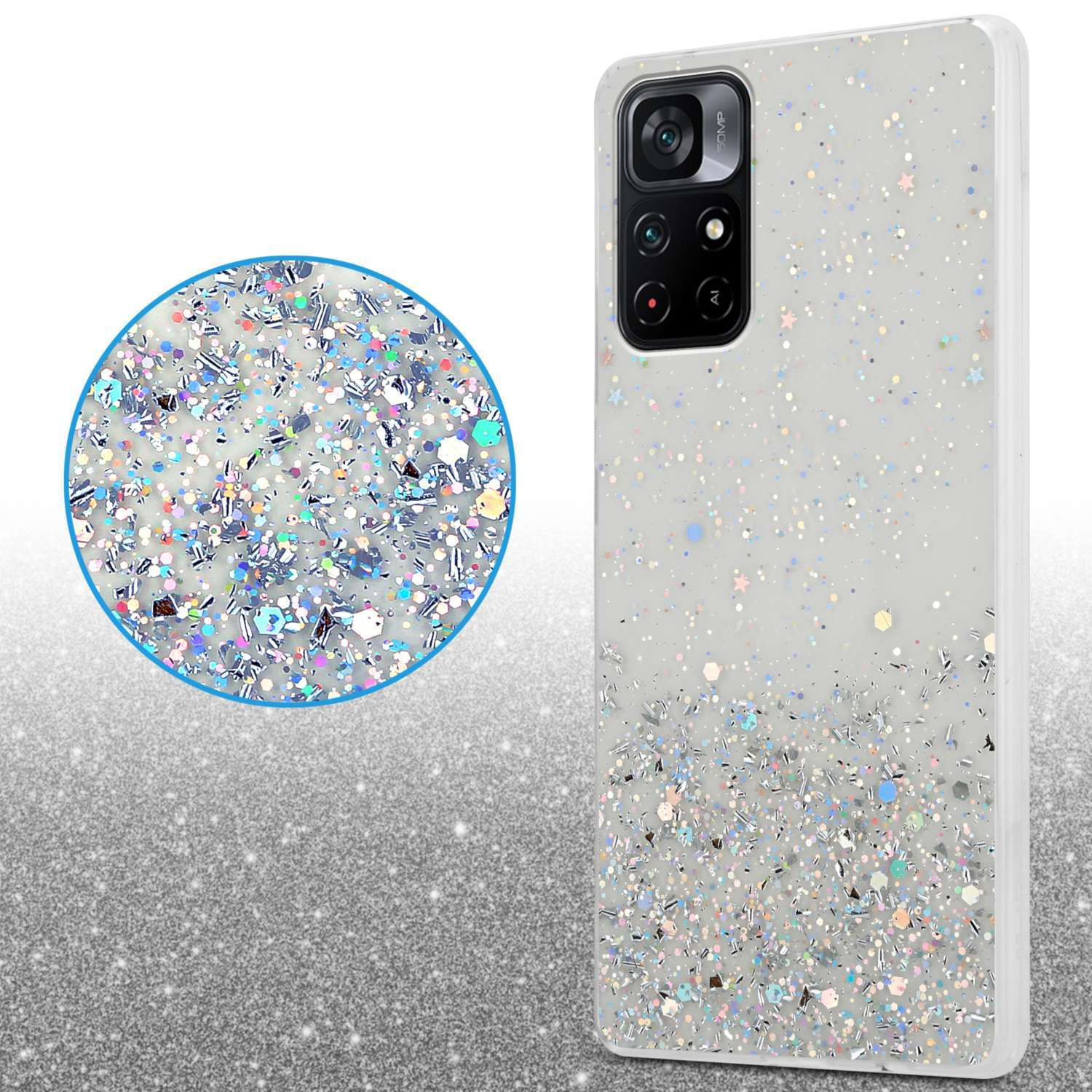 Custodia per telefono con design glitter argento e primo piano circolare.