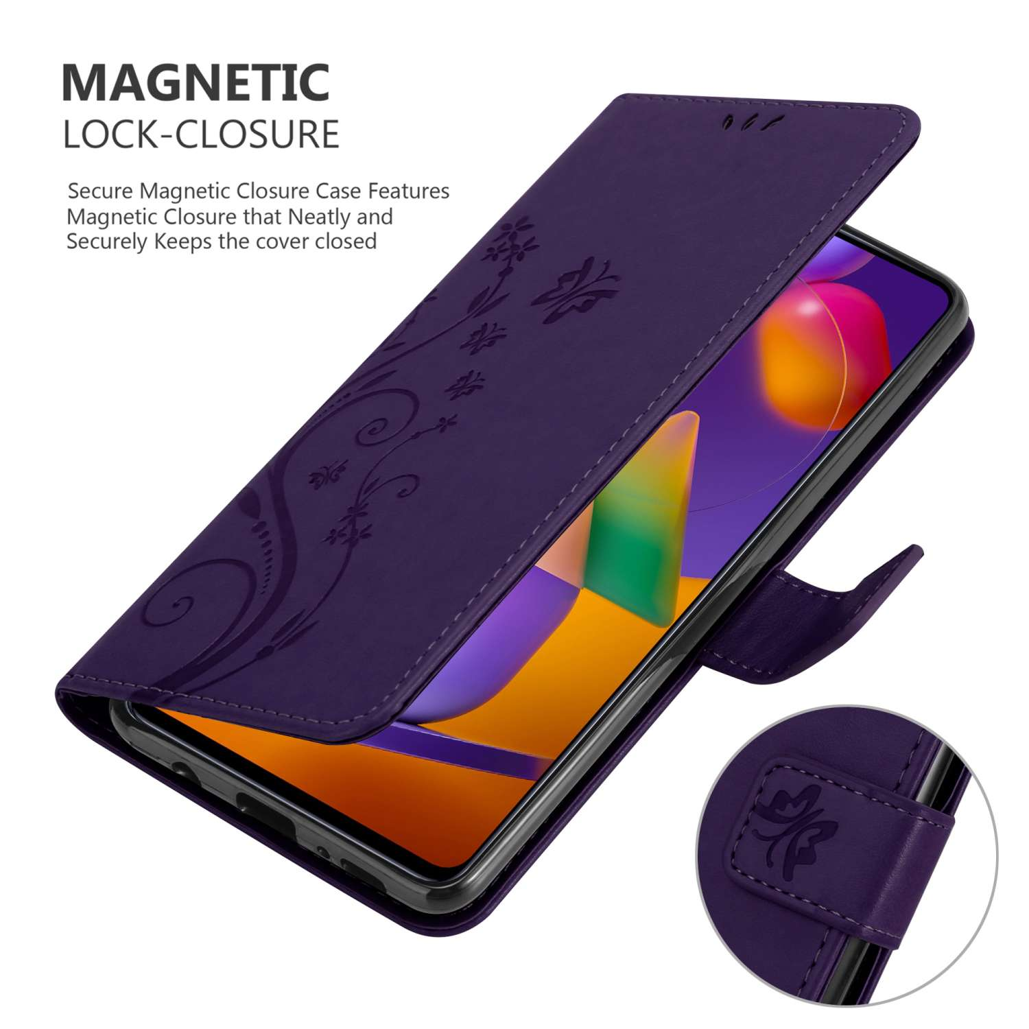 Custodia per telefono viola aperta, che mostra un telefono. Design floreale sulla cover, chiusura magnetica.