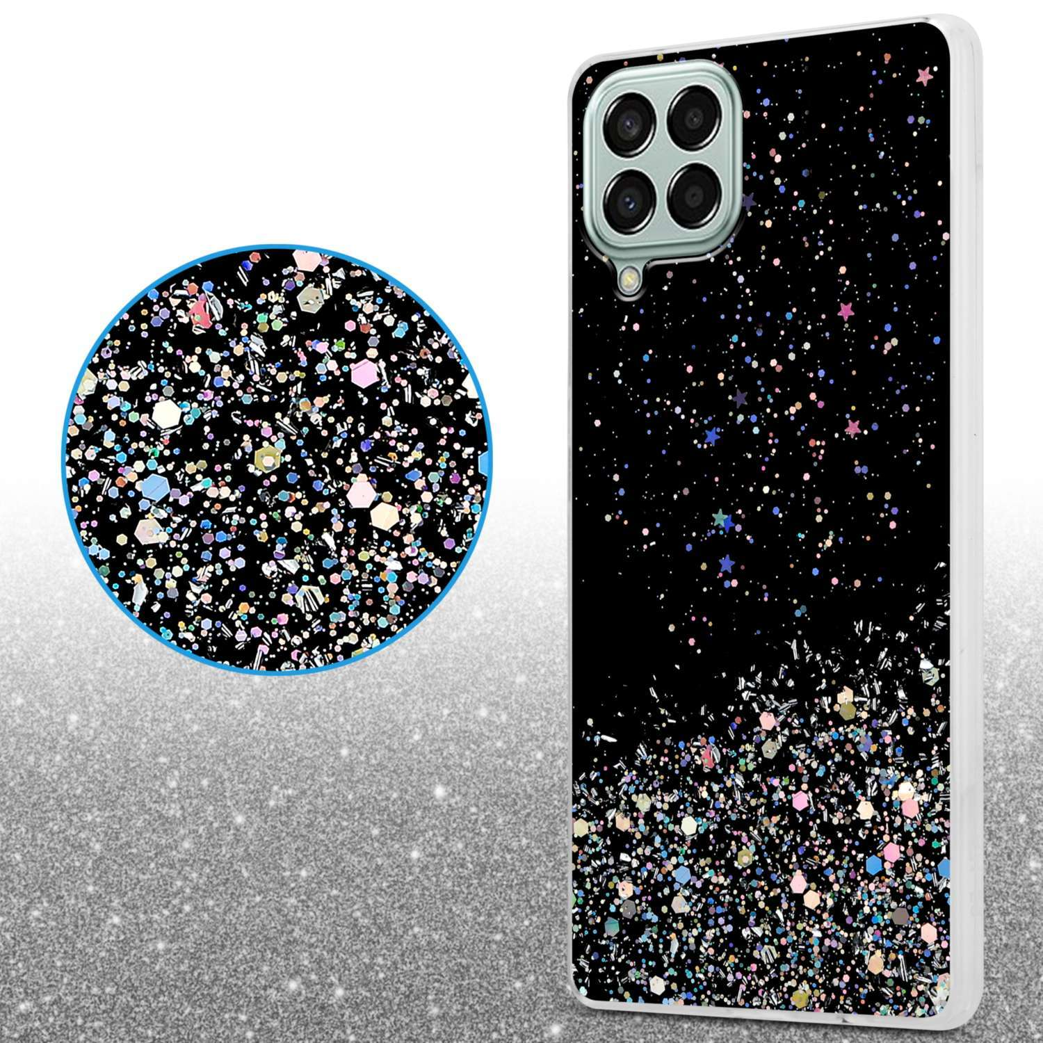 Custodia per telefono con glitter, che mostra primo piano e vista completa.