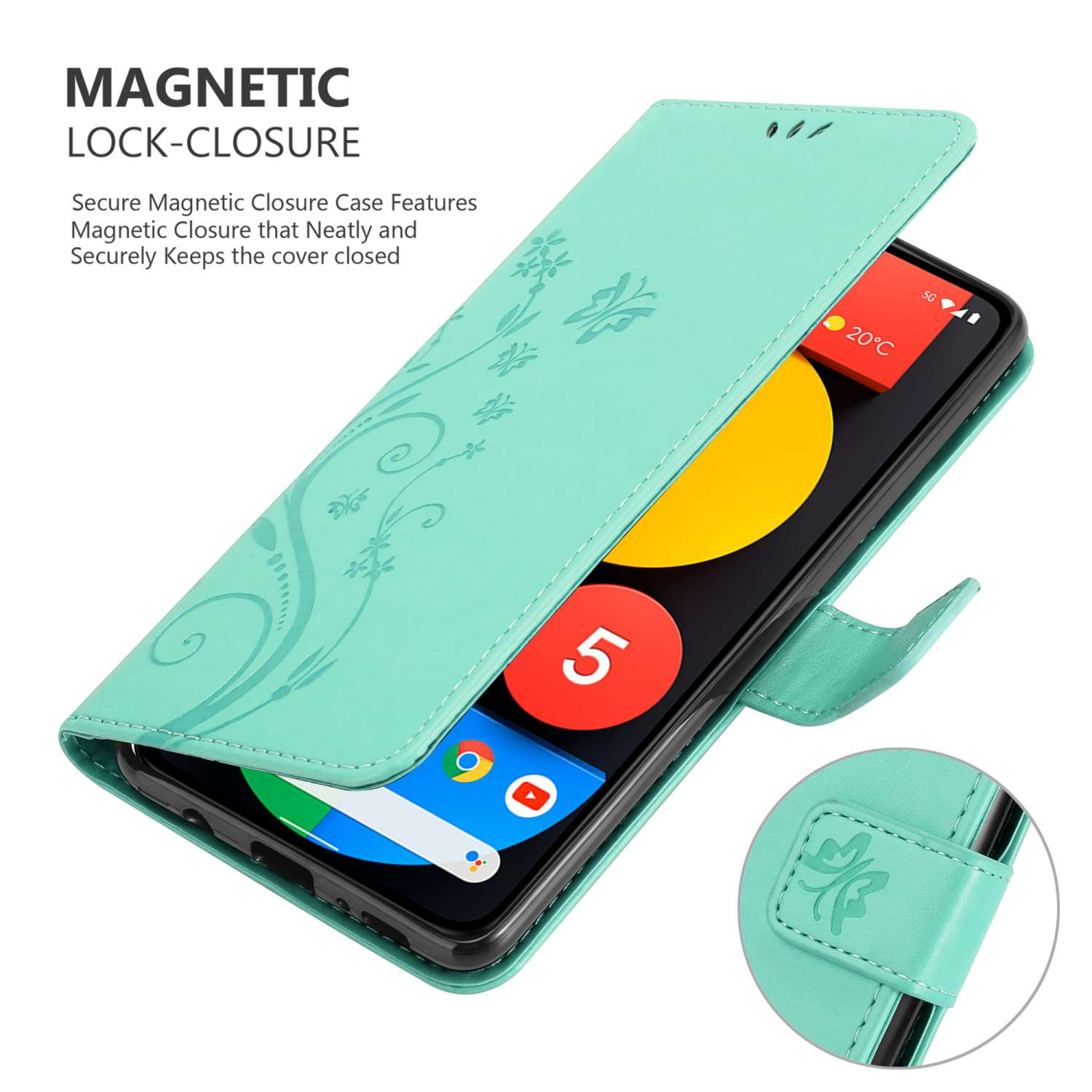Una custodia per telefono aperta, color menta, che mostra un telefono. Viene mostrata la chiusura magnetica.