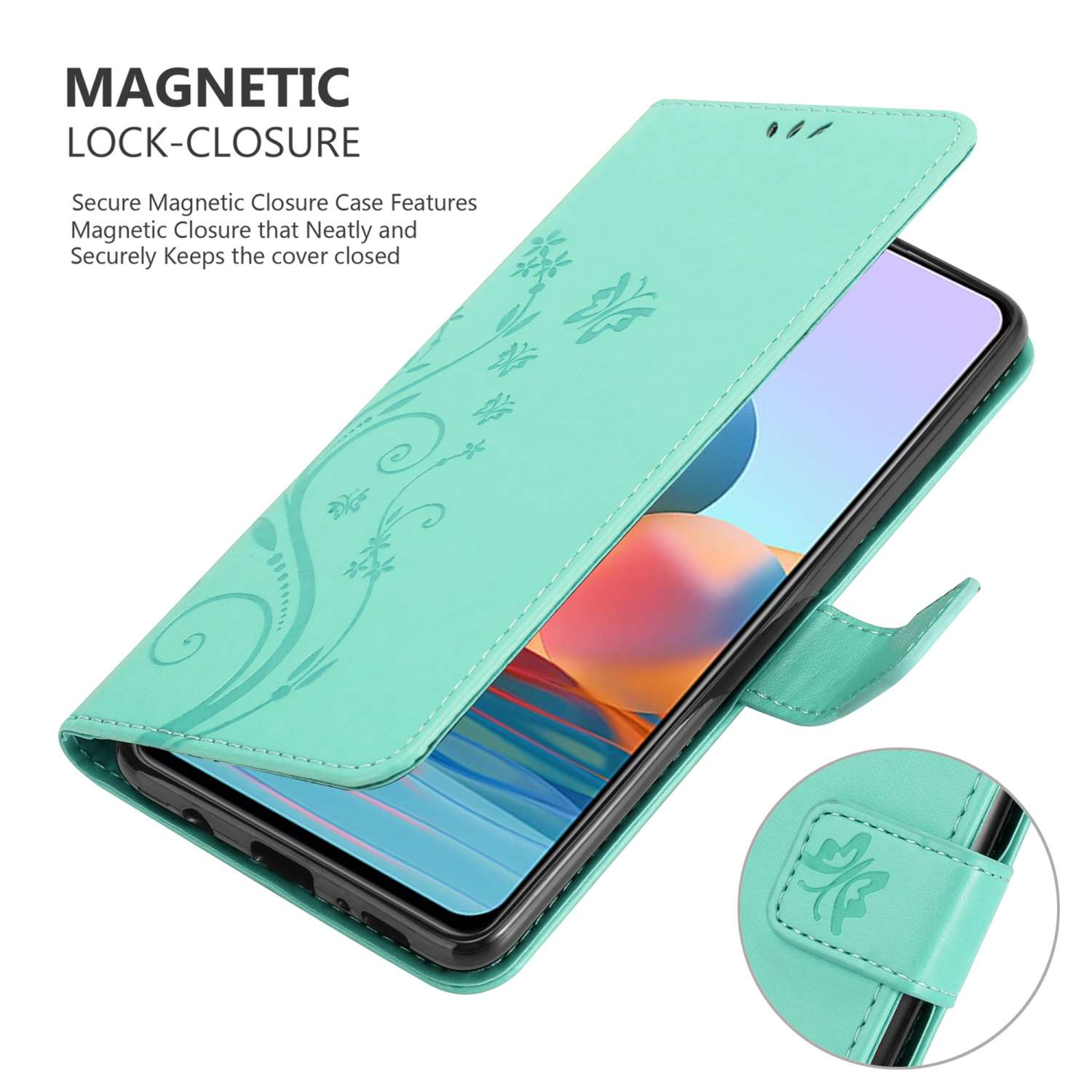 Una custodia per telefono verde acqua aperta, che rivela il telefono. Design floreale e chiusura magnetica.