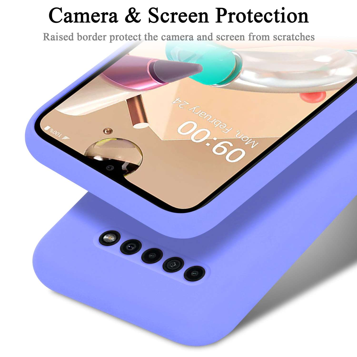 Un telefono in una custodia viola, che mostra lo schermo e la fotocamera, è su uno sfondo scuro.