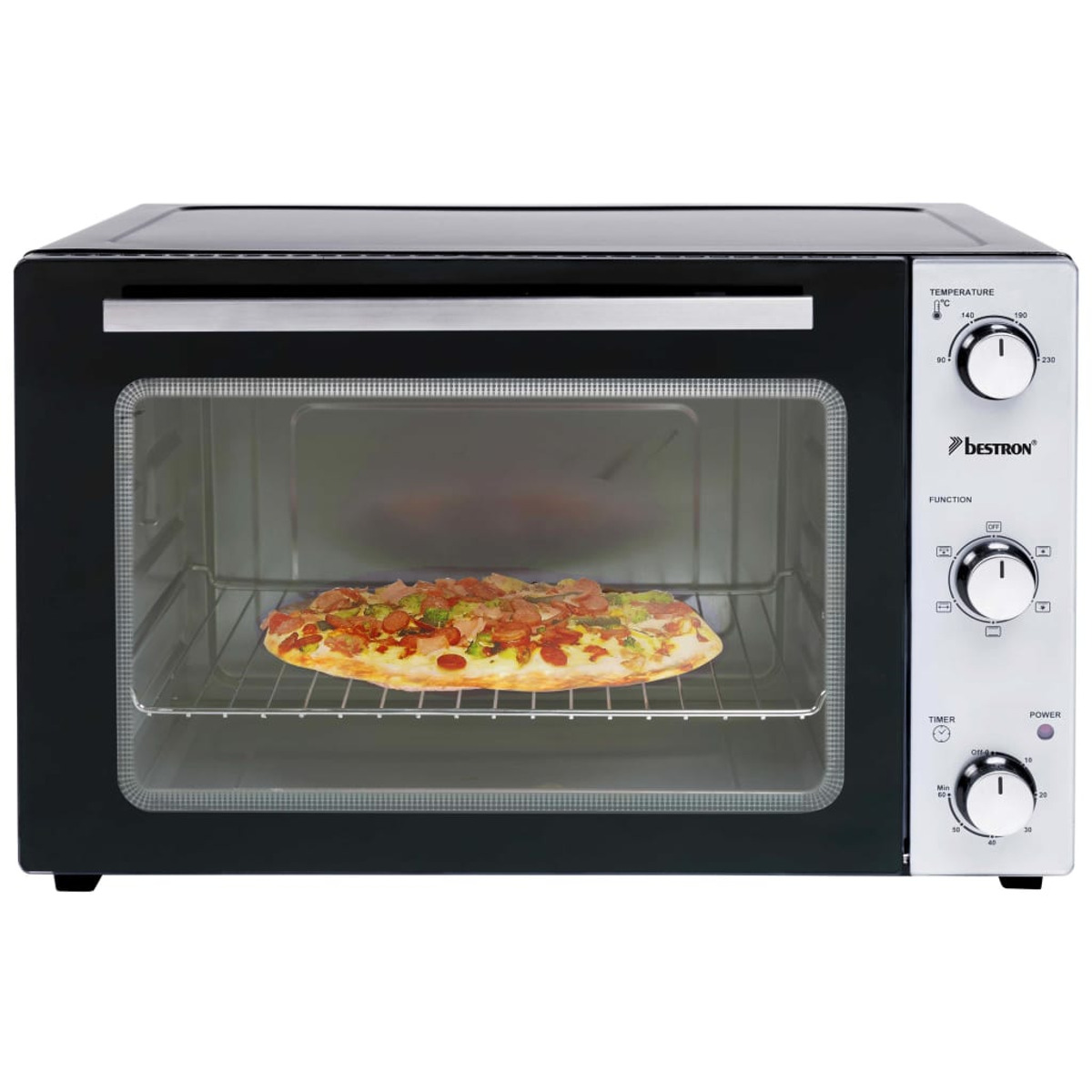 Horno negro con pizza dentro; diales de temperatura y temporizador a la derecha.