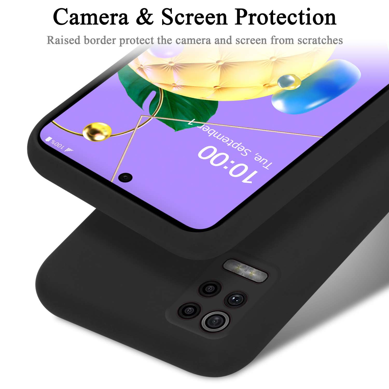 Primo piano di una custodia per telefono con un telefono. Testo: "Protezione fotocamera e schermo". Custodia nera.