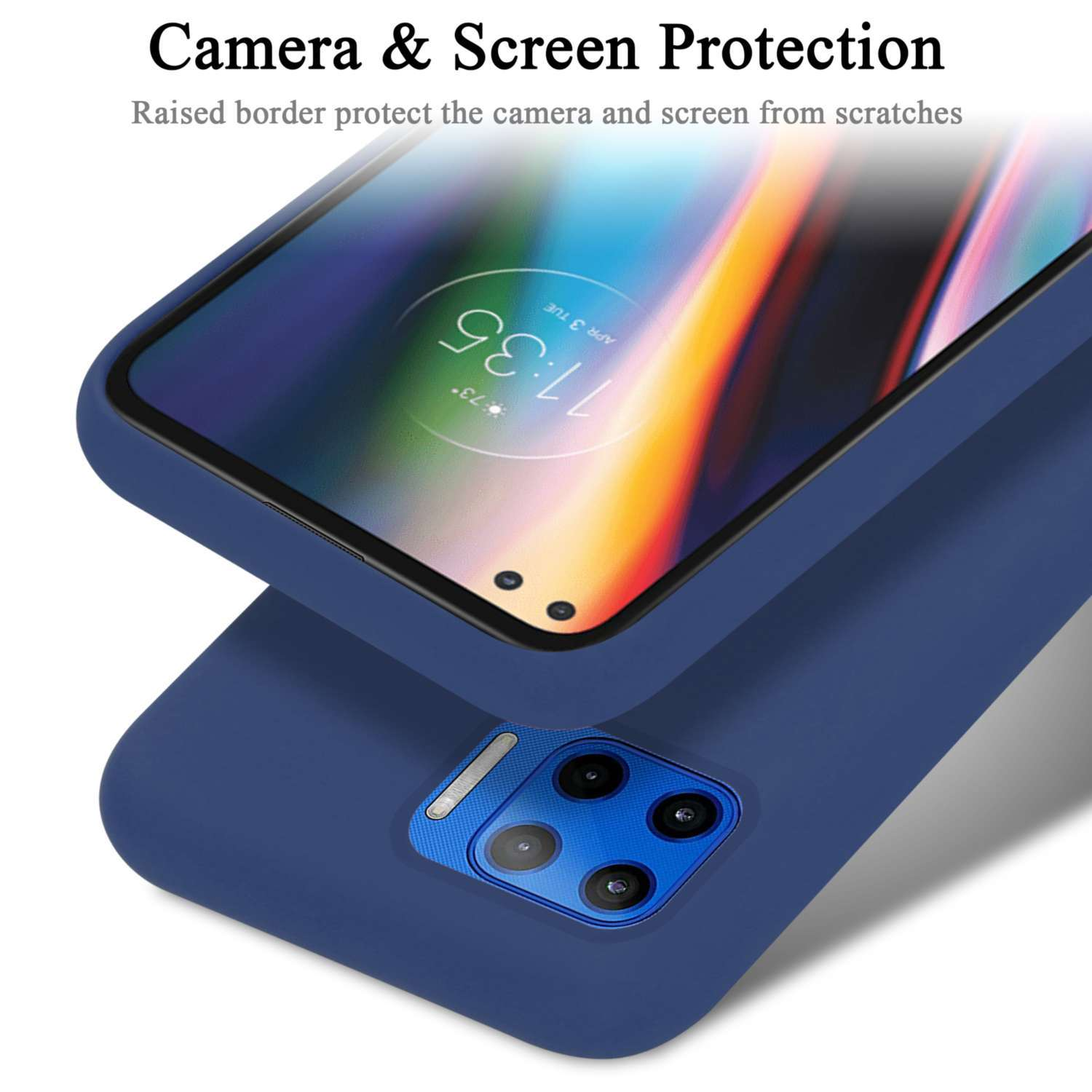 Una custodia per telefono blu scuro con due fotocamere su un tavolo.