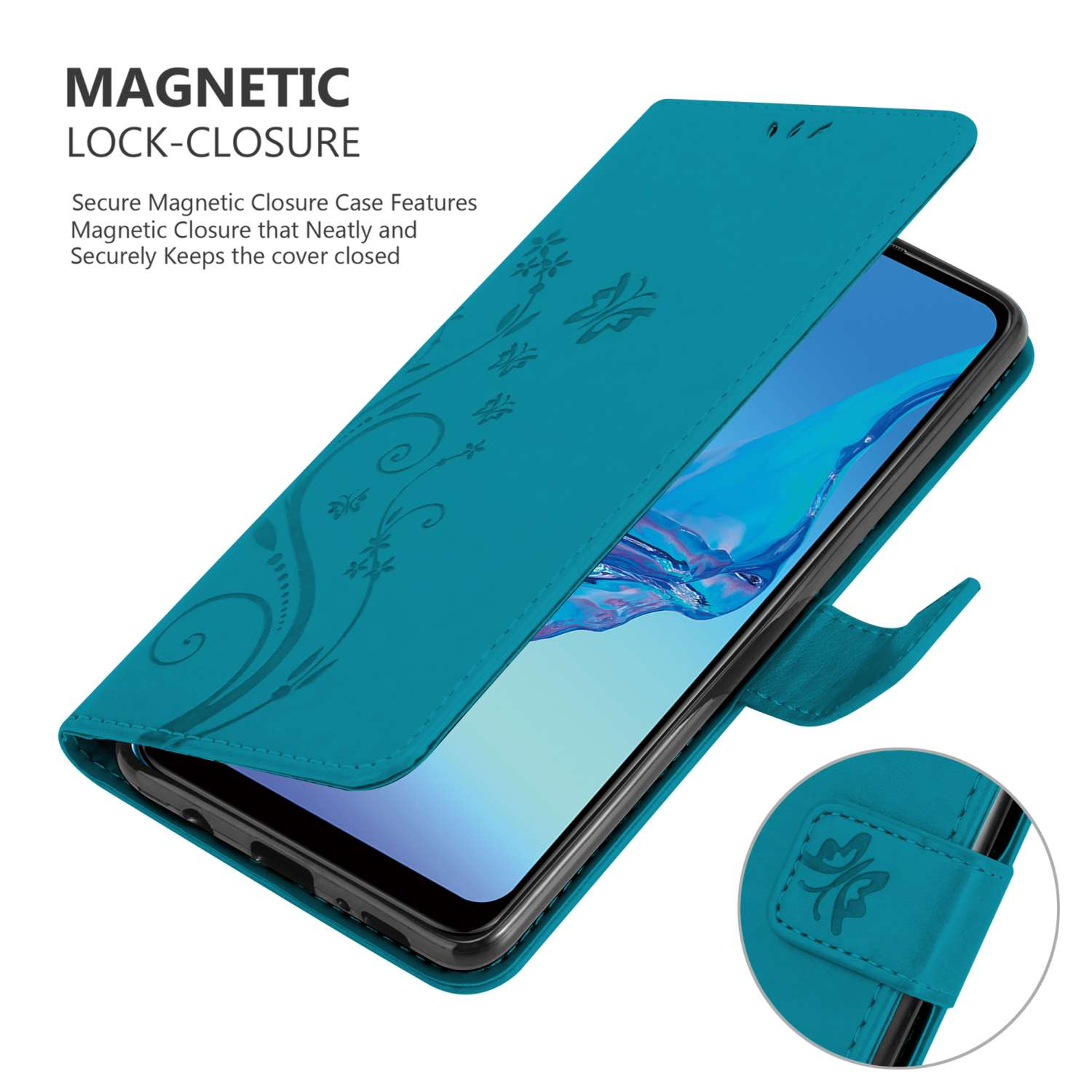 Custodia per telefono verde acqua con chiusura magnetica, aperta per mostrare lo schermo del telefono. Design floreale.
