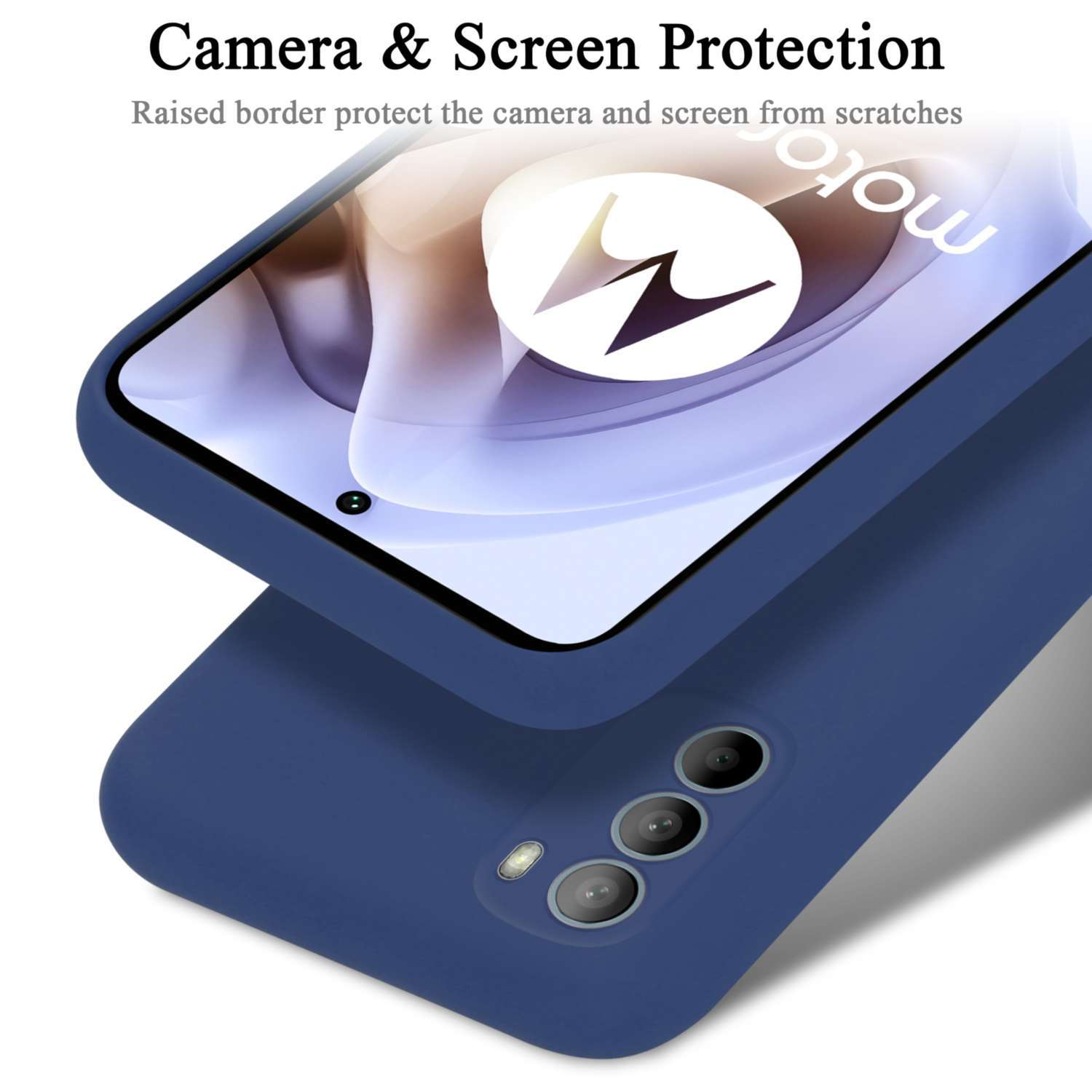 Ein Telefon in einem blauen Gehäuse, der erhöhte Rand schützt Kamera und Bildschirm.