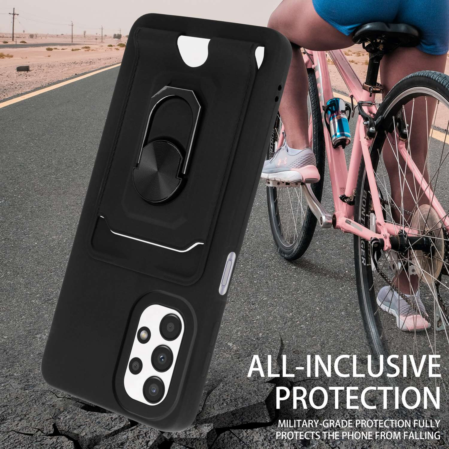 Coque de téléphone noire avec anneau, sur asphalte avec cycliste et vélo rose en arrière-plan.