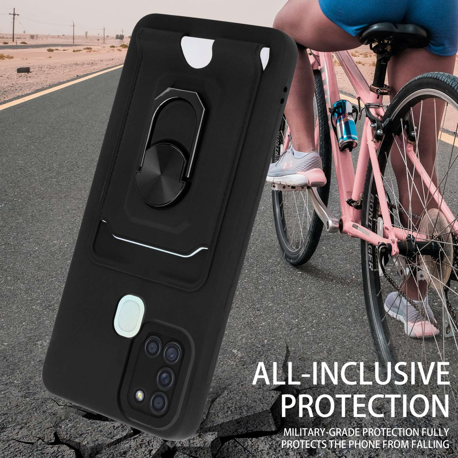 Una custodia per telefono nera a terra con una bicicletta e una persona che la guida sullo sfondo.