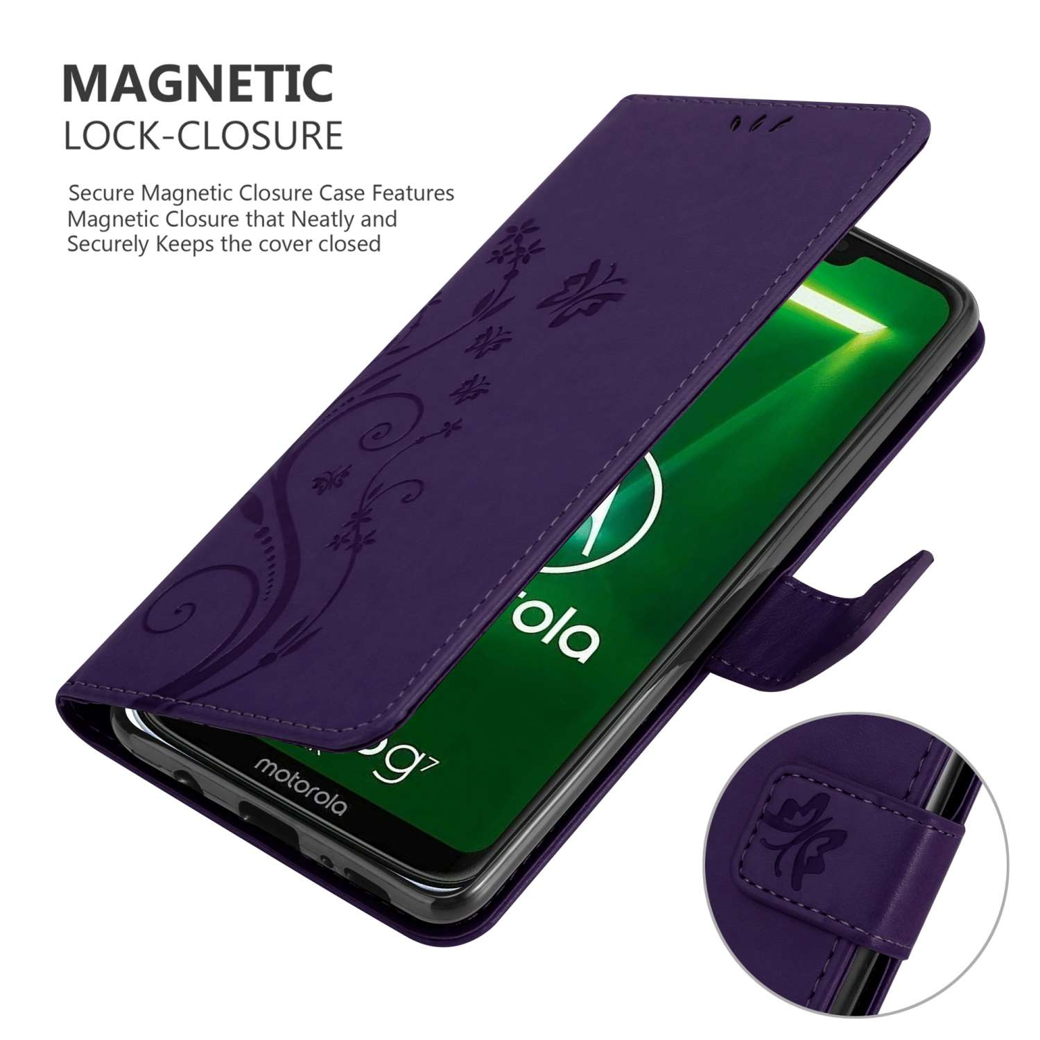 Custodia per telefono viola, aperta per rivelare lo schermo del telefono con un design floreale.