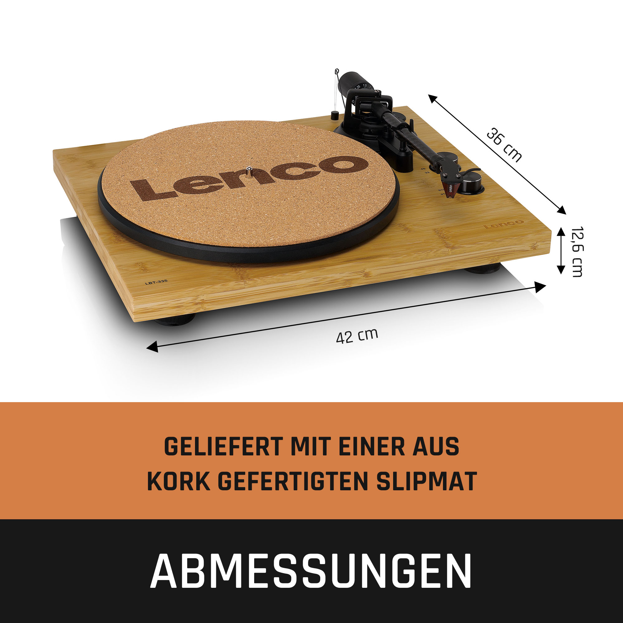 LENCO LBT-335BA - Plattenspieler Ortofon mit Bluetooth®, Bambus Bambus-Schwarz aus Tonabnehmer 2M Red Plattenspieler - Gehäuse und