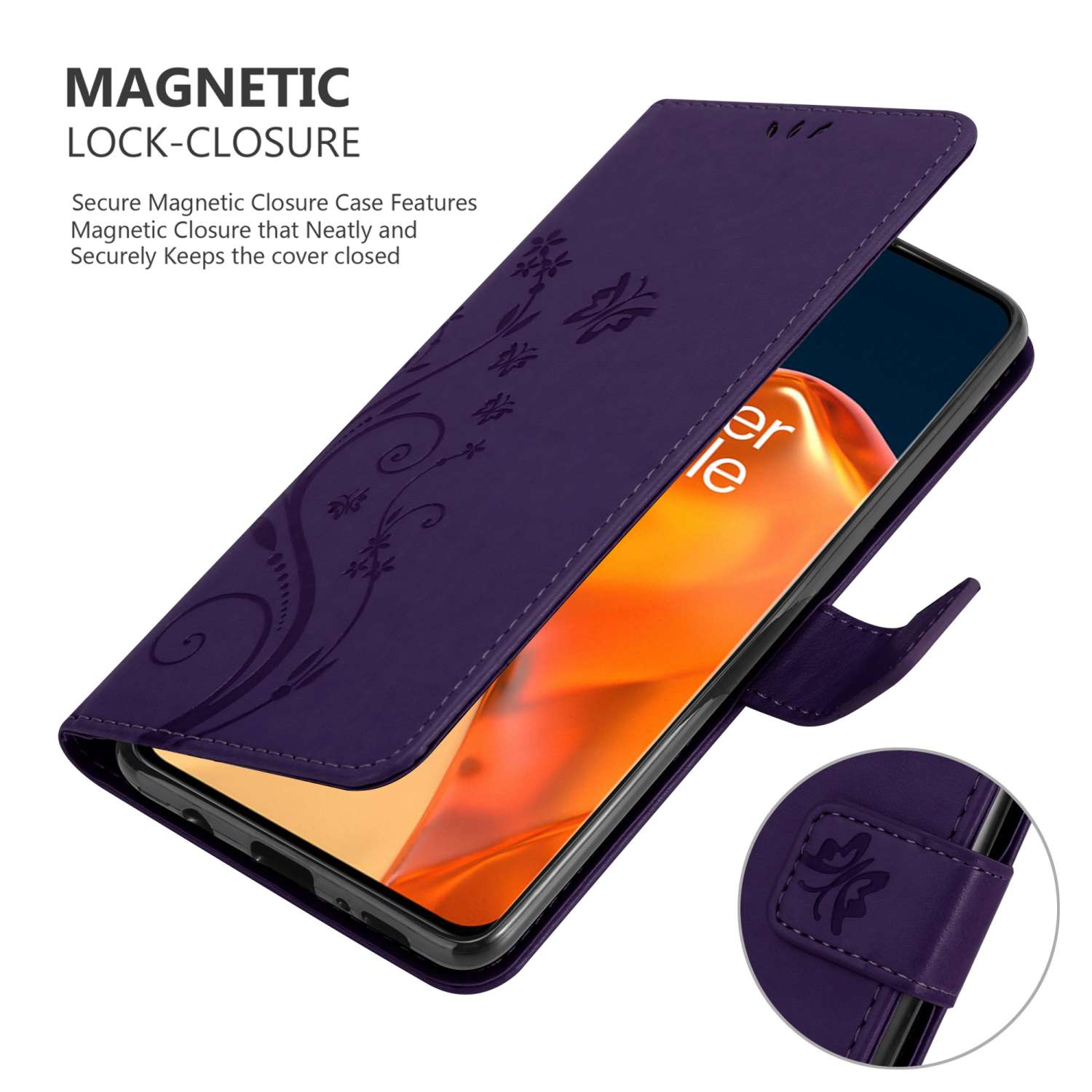 Custodia viola per telefono, aperta. Mostra lo schermo del telefono, con un design floreale.