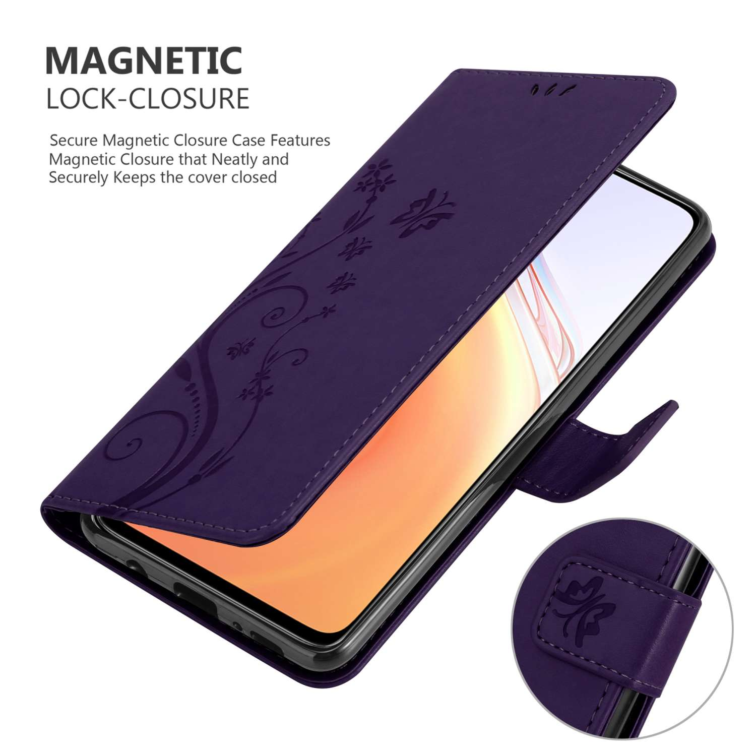 Una custodia per telefono viola con un telefono all'interno. La custodia ha dettagli floreali e una chiusura magnetica.