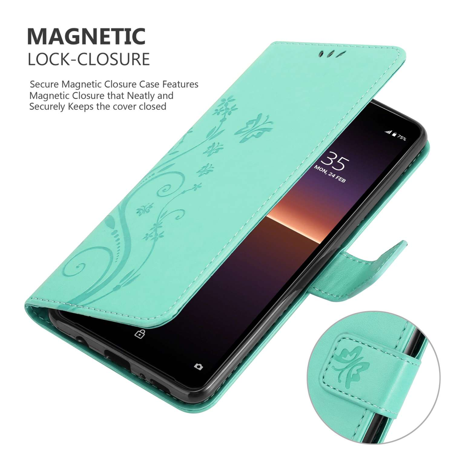 Custodia teal aperta, rivela telefono con design floreale.