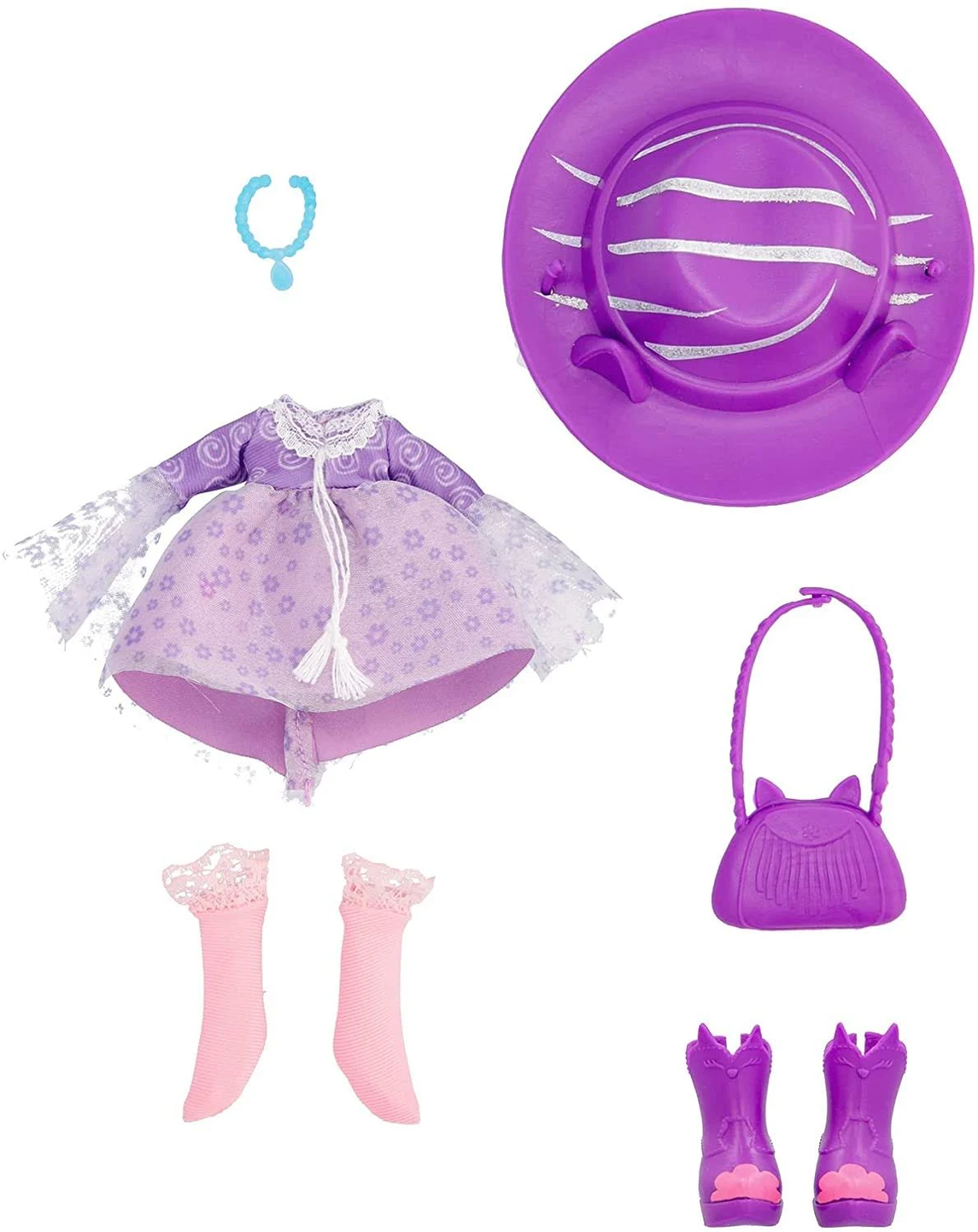 Puppenkleidungsset mit Kleid, Hut, Handtasche, Socken und Stiefeln. Die Farben sind Lila und Pink.