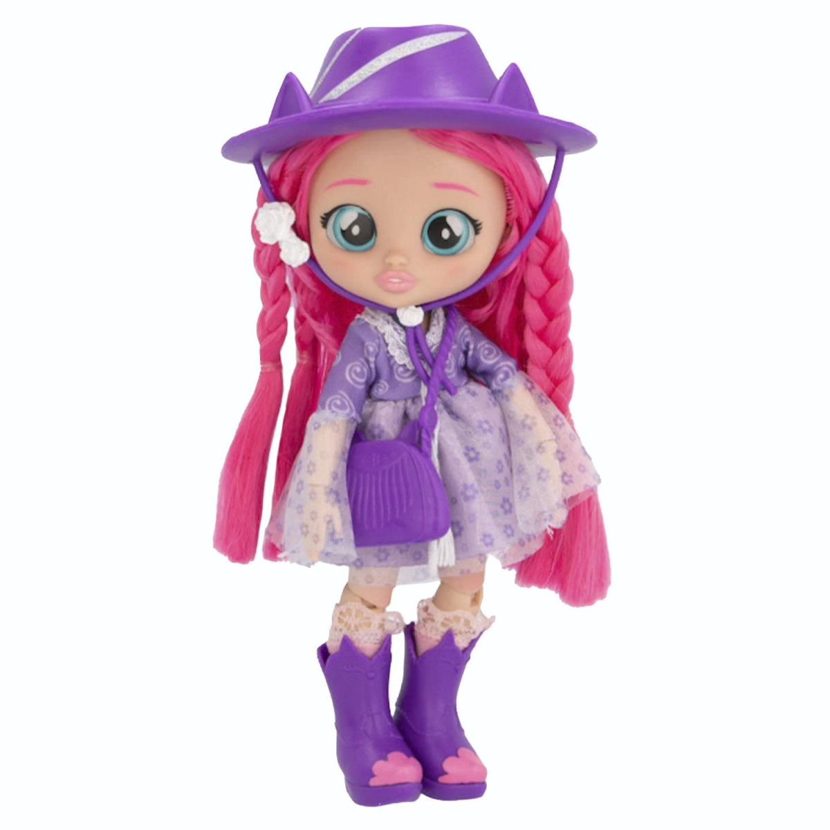 Eine Puppe mit rosa Haaren, lila Outfit und Hut.