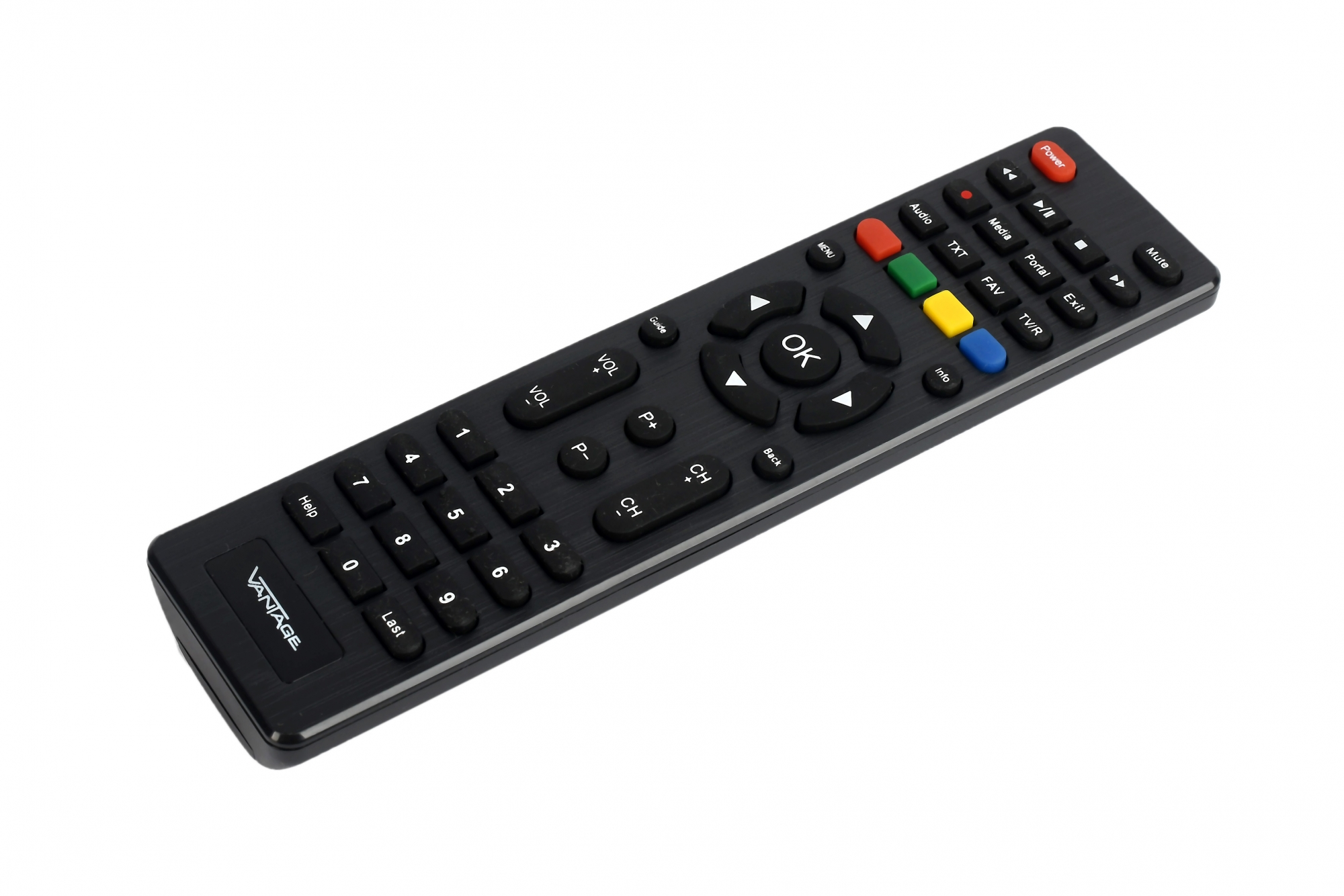 Schwarze Fernbedienung mit Knöpfen und Text, weißer Hintergrund.