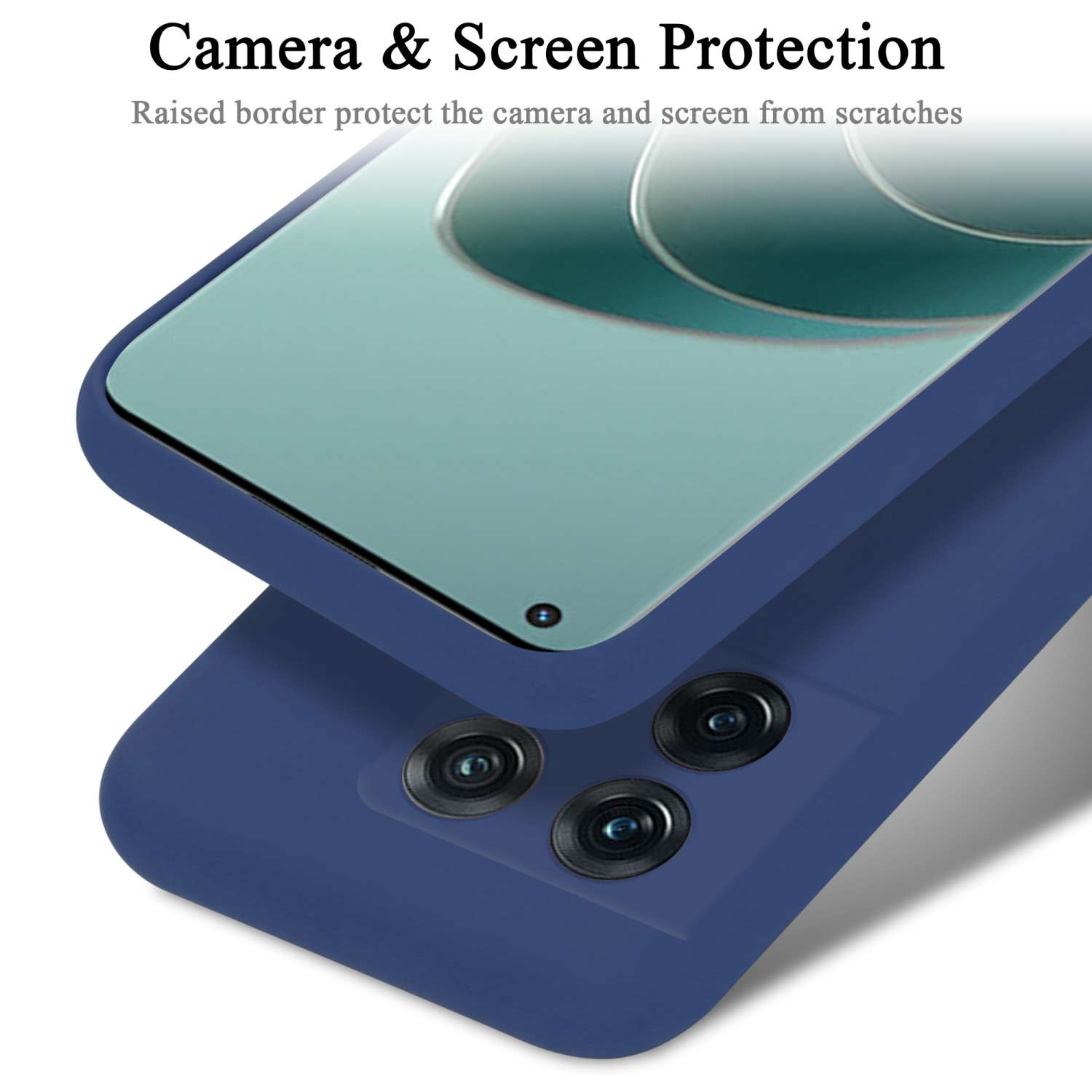 Custodia per telefono blu con bordo protettivo attorno alla fotocamera e allo schermo. Il telefono è all'interno.
