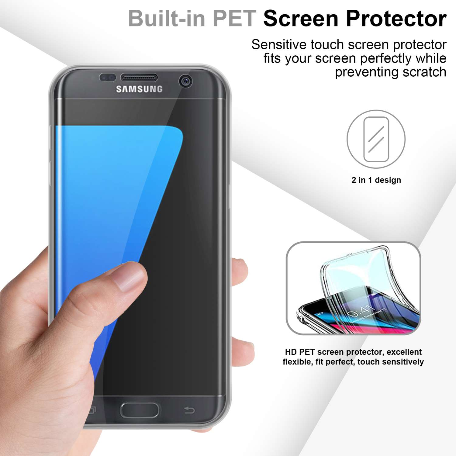 Una mano che tiene un telefono con protezione schermo, mostra lo schermo e un diagramma.
