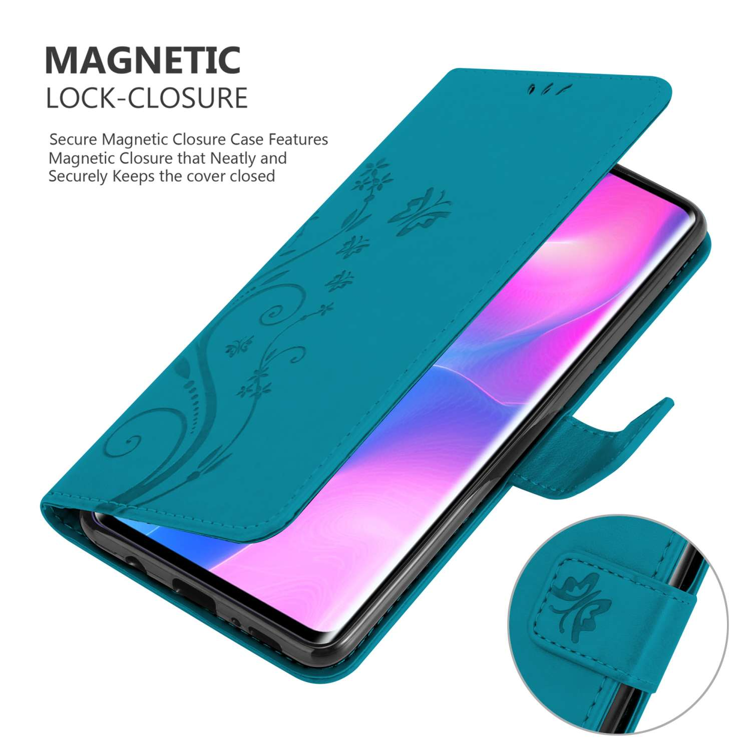 Custodia per telefono verde acqua con chiusura magnetica, aperta per mostrare lo schermo del telefono. Design floreale.