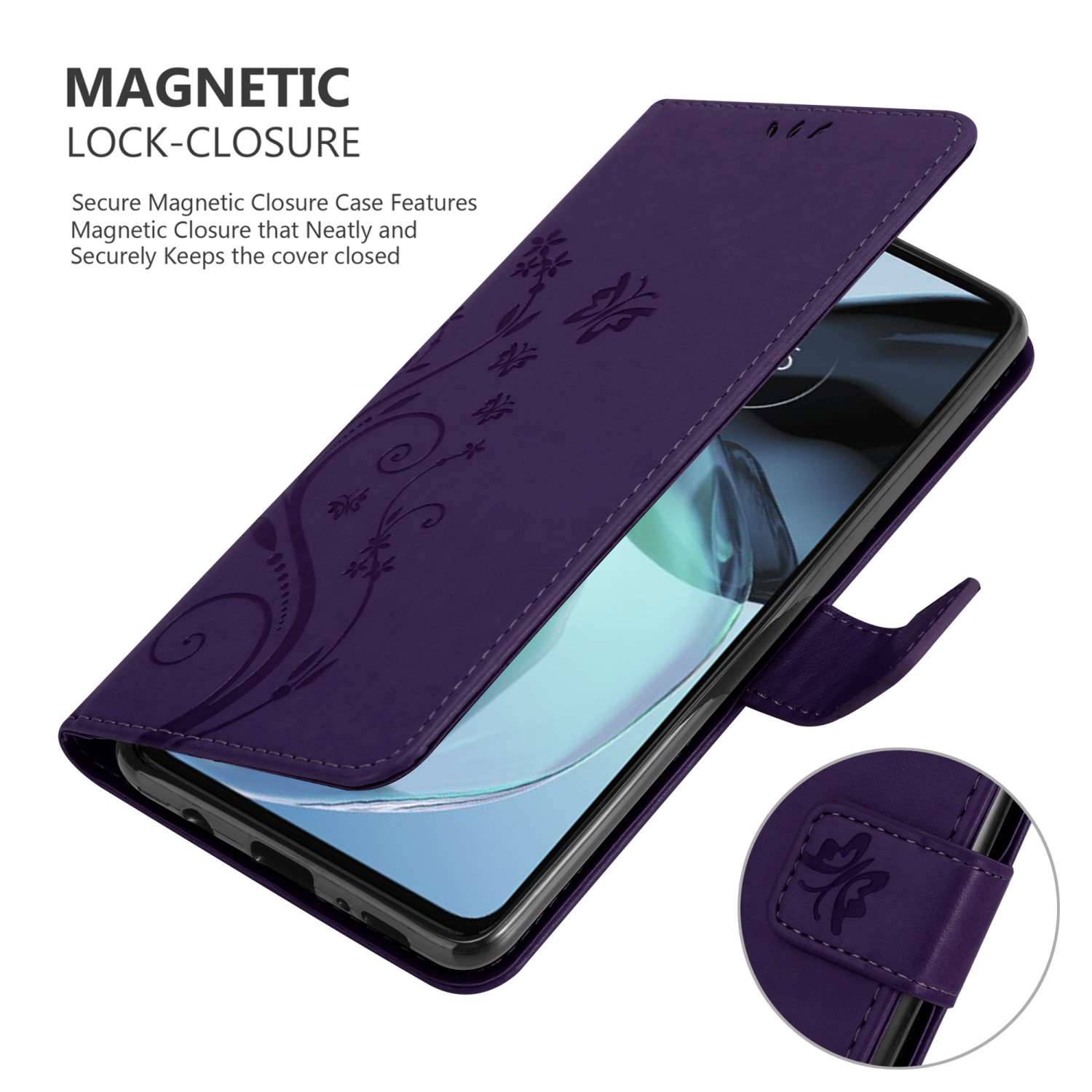 Custodia per telefono viola aperta, che espone il telefono. Ha una chiusura magnetica e un design floreale.