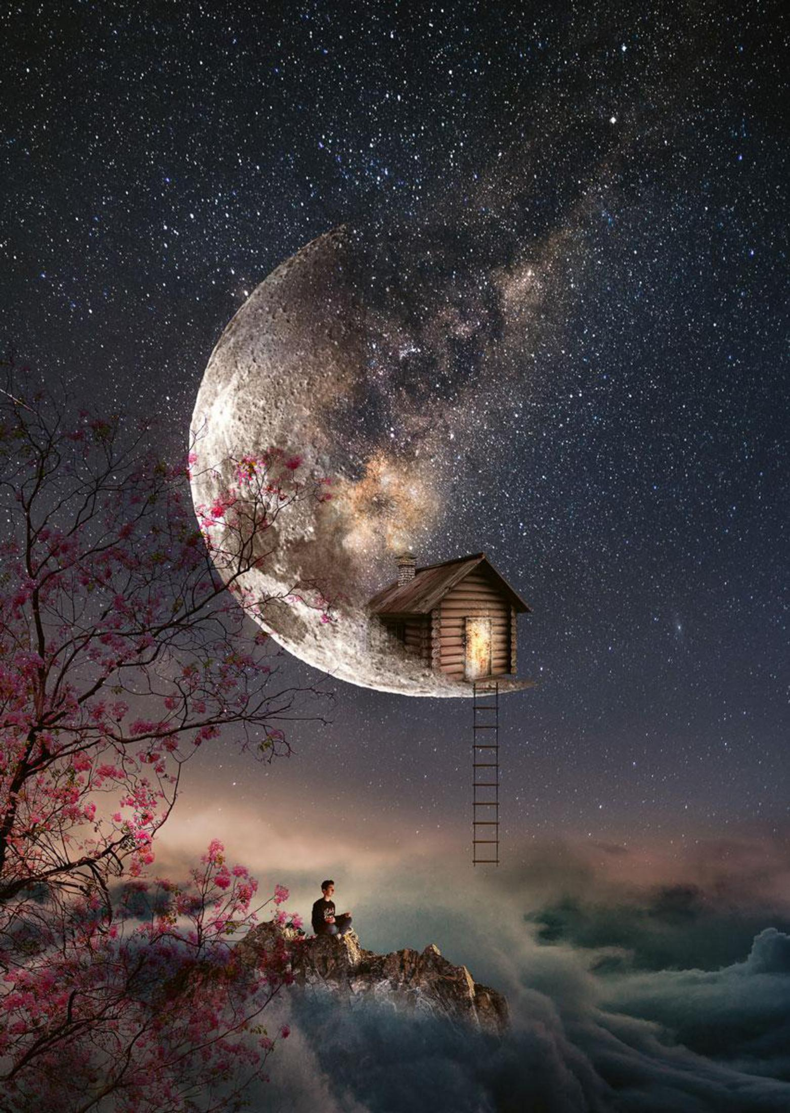 Surrealistyczny obraz domu na księżycu z osobą siedzącą na skale i gwiaździstym niebem.