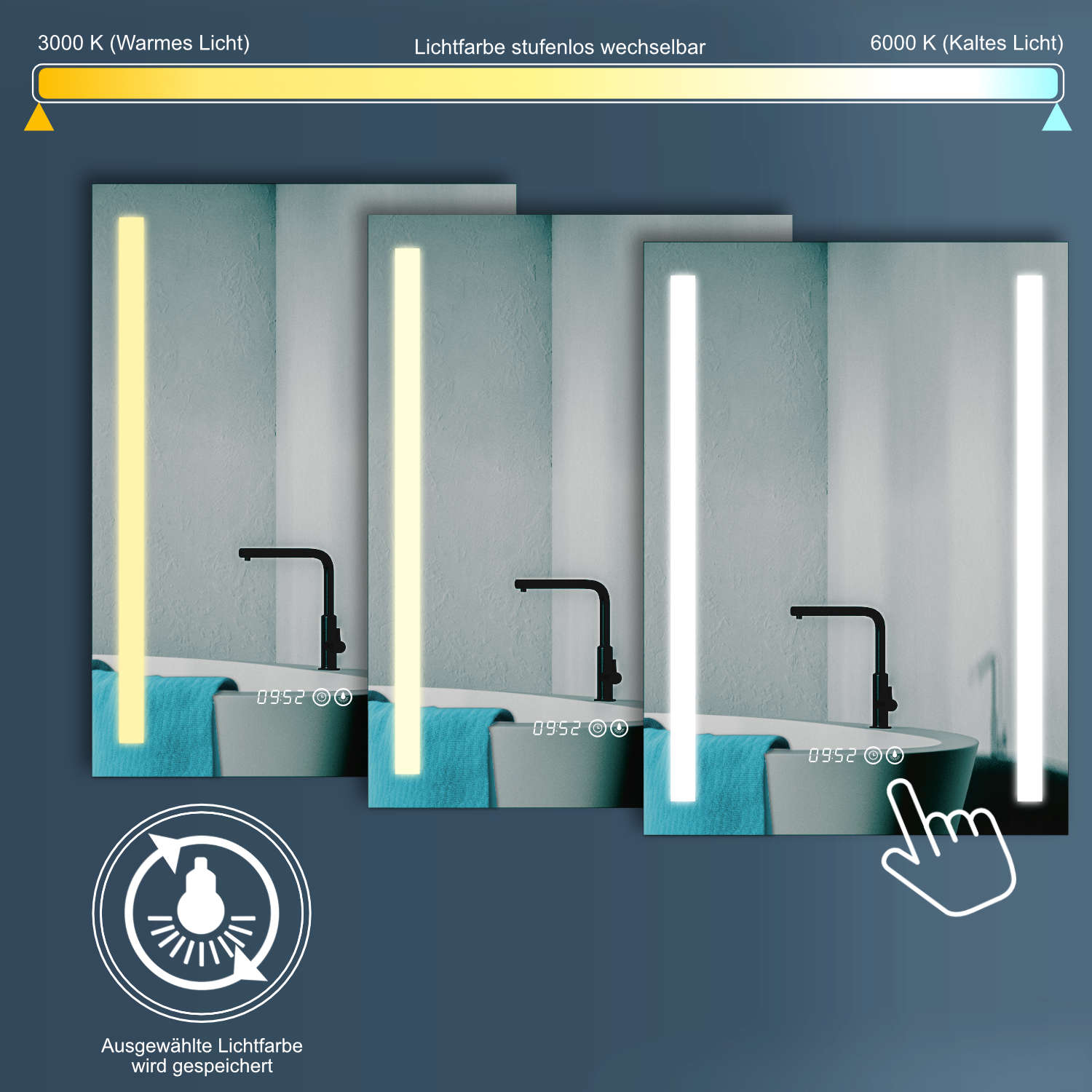 cm Digital 50x70 mit mit HOKO LED Lichtfarbe Uhr Badspiegel Uhr Kaltweiß Badezimmerspiegel