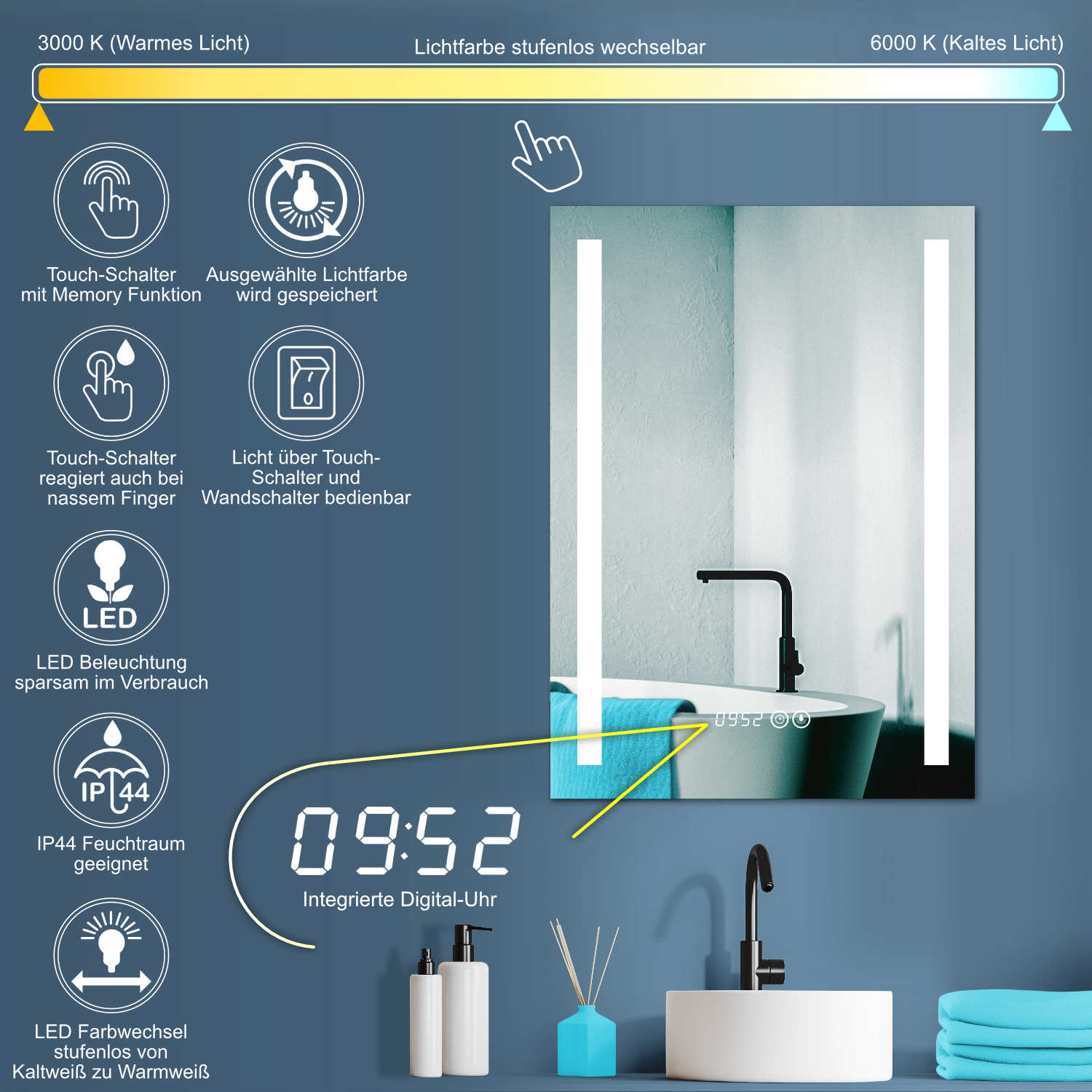 HOKO Badspiegel mit 50x70 cm LED Uhr mit Digital Uhr Badezimmerspiegel Lichtfarbe Kaltweiß