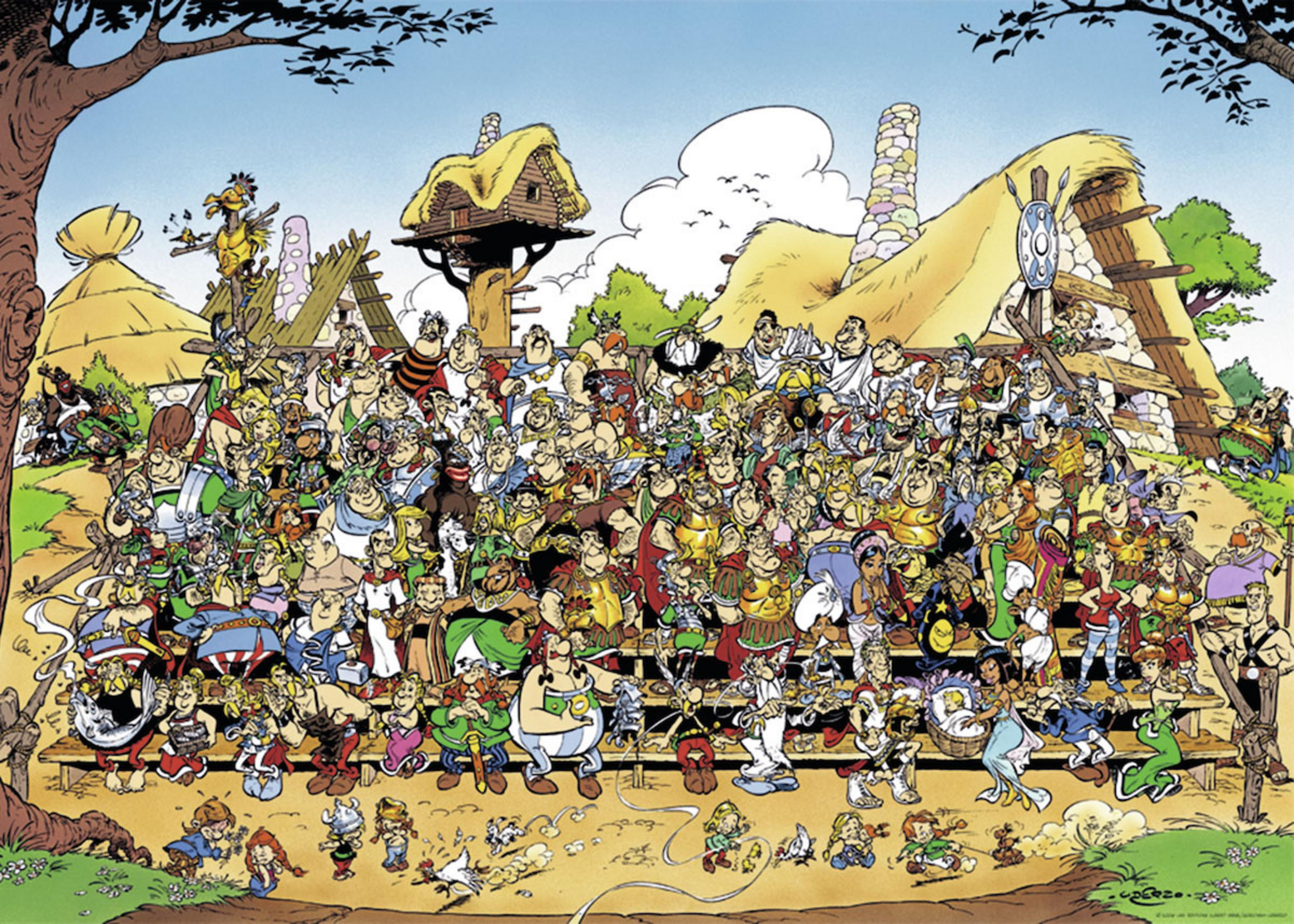 Große Gruppe von Comicfiguren, hauptsächlich Männer, in einer bunten Illustration.