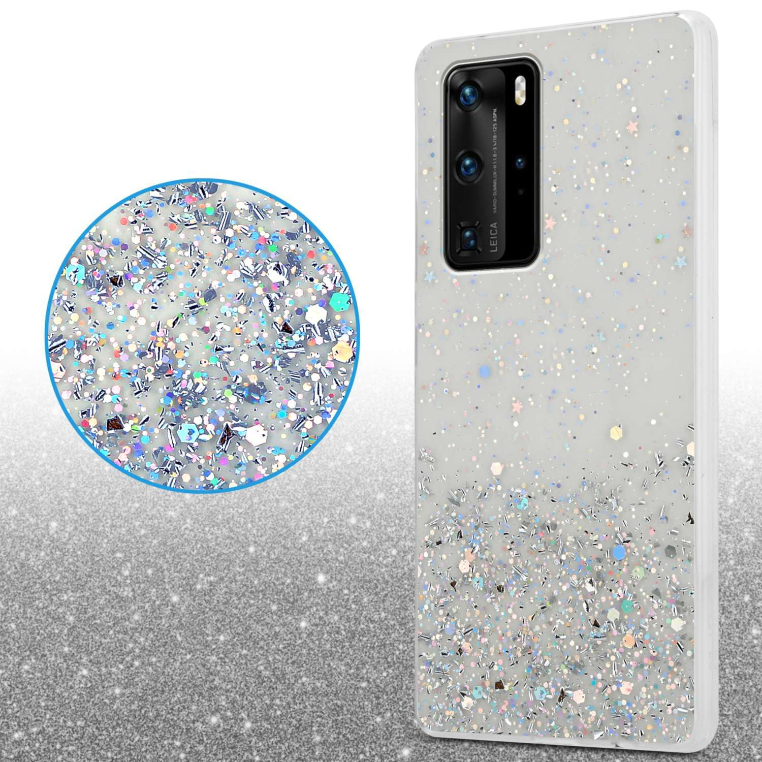 Weiße Handyhülle mit glitzerndem Design, Nahaufnahme des Glitzers wird gezeigt.