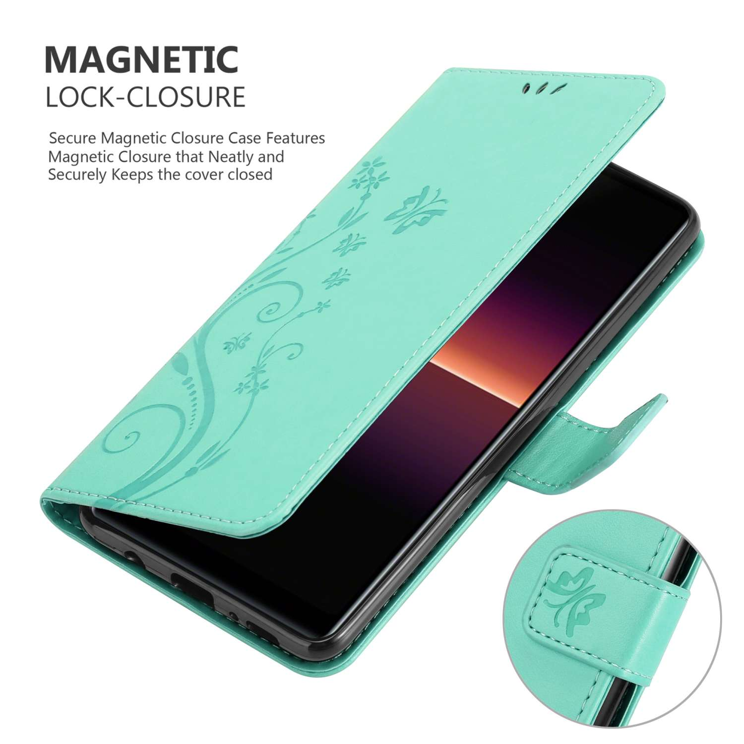 Una custodia verde menta con design floreale, aperta per rivelare un telefono. Lo sfondo è sfocato.