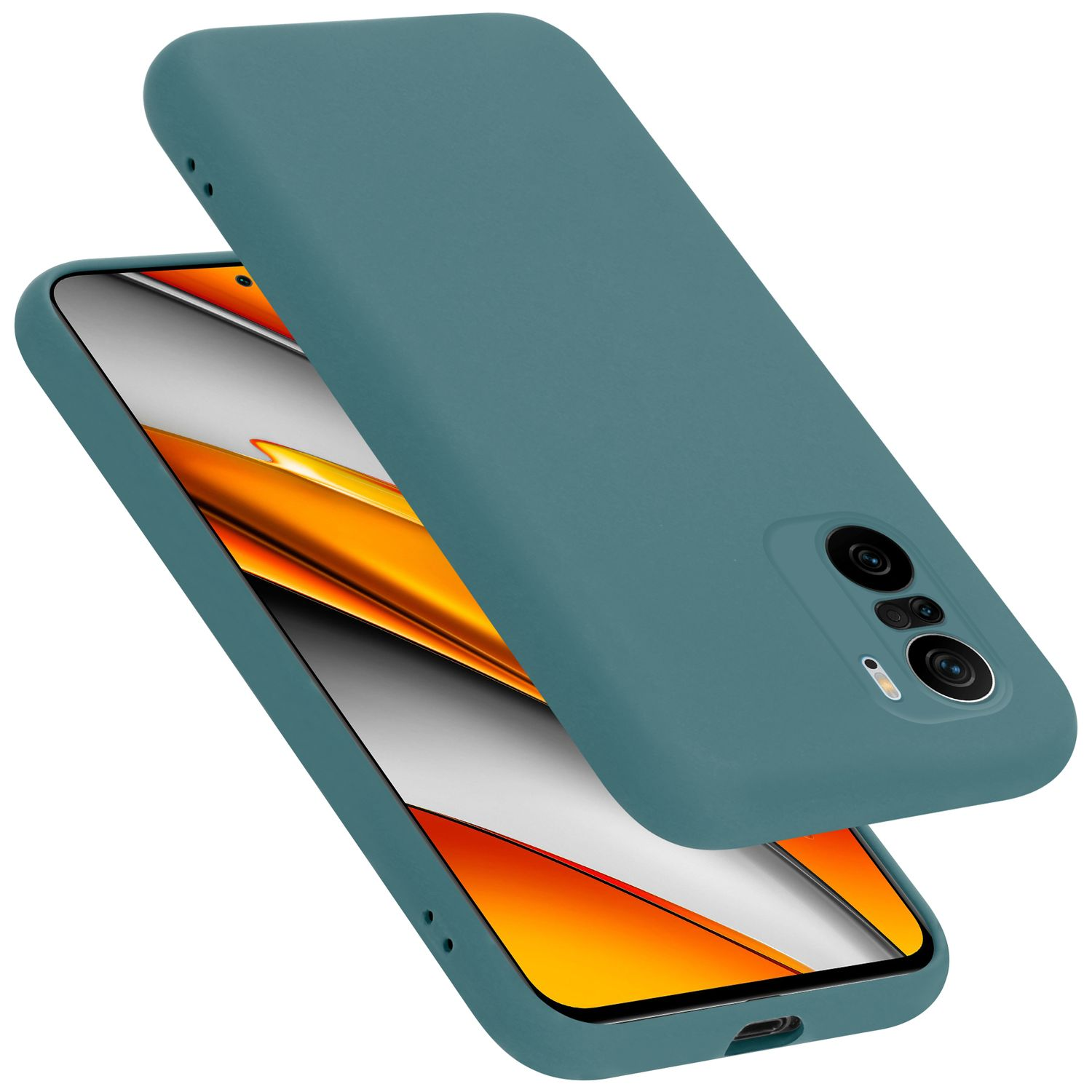 Türkisfarbene Handyhülle auf einem Telefon. Die Handyhülle liegt auf einem Telefon. Doppellinse.
