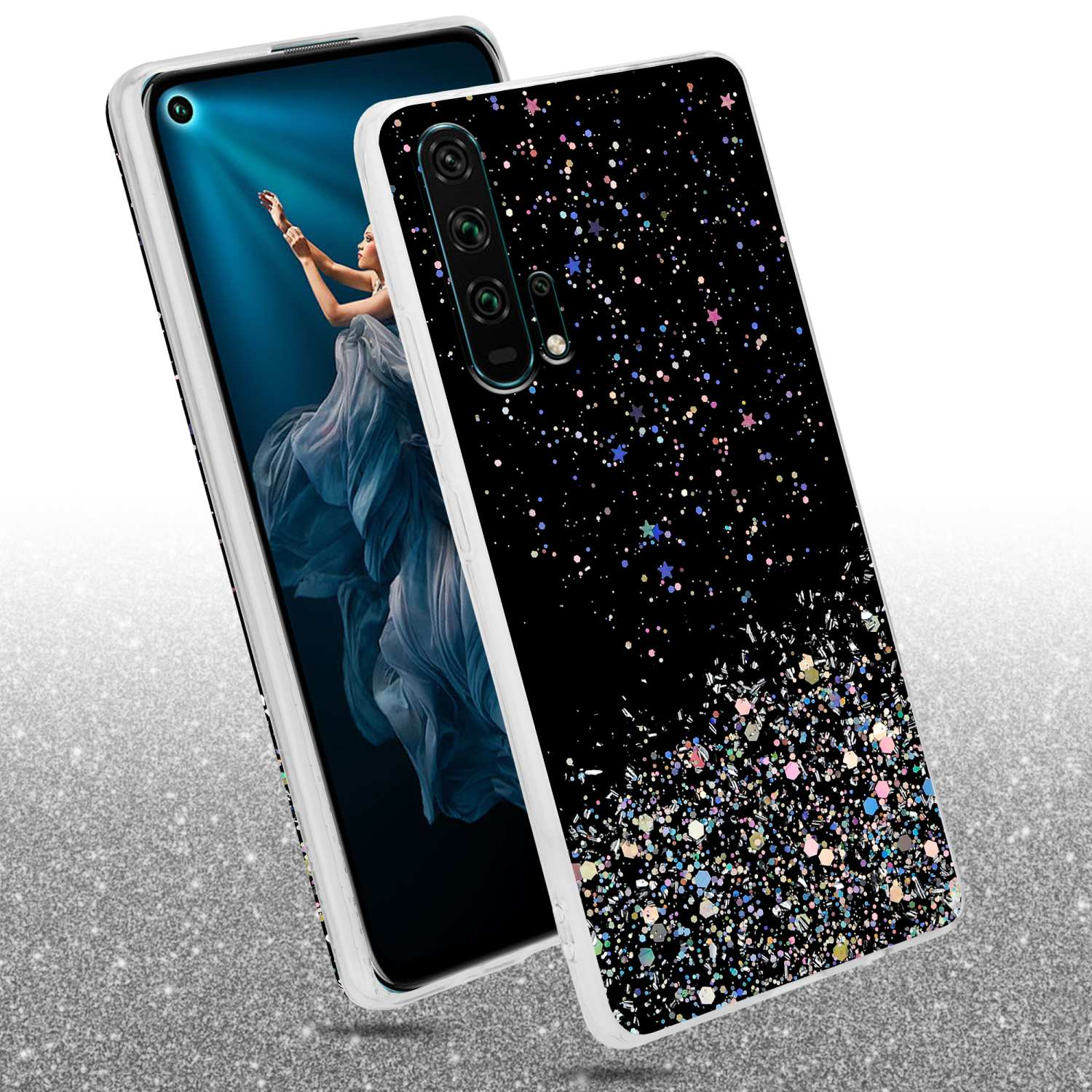 Schwarze Handyhülle mit Glitzerdesign, bedeckt teilweise das Telefon. Telefon hat Bild einer Frau auf dem Bildschirm.