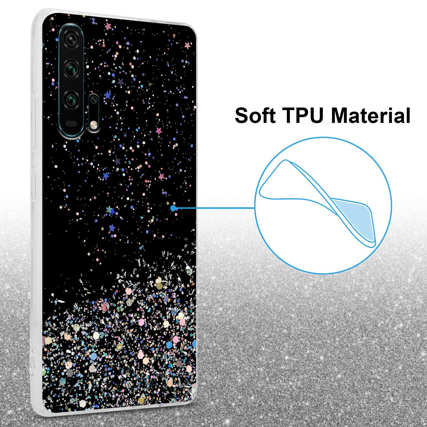 Eine schwarze Handyhülle mit Glitzer und ein schwarzes Handy mit drei Kameras. Der Text lautet 'Soft TPU Material'.