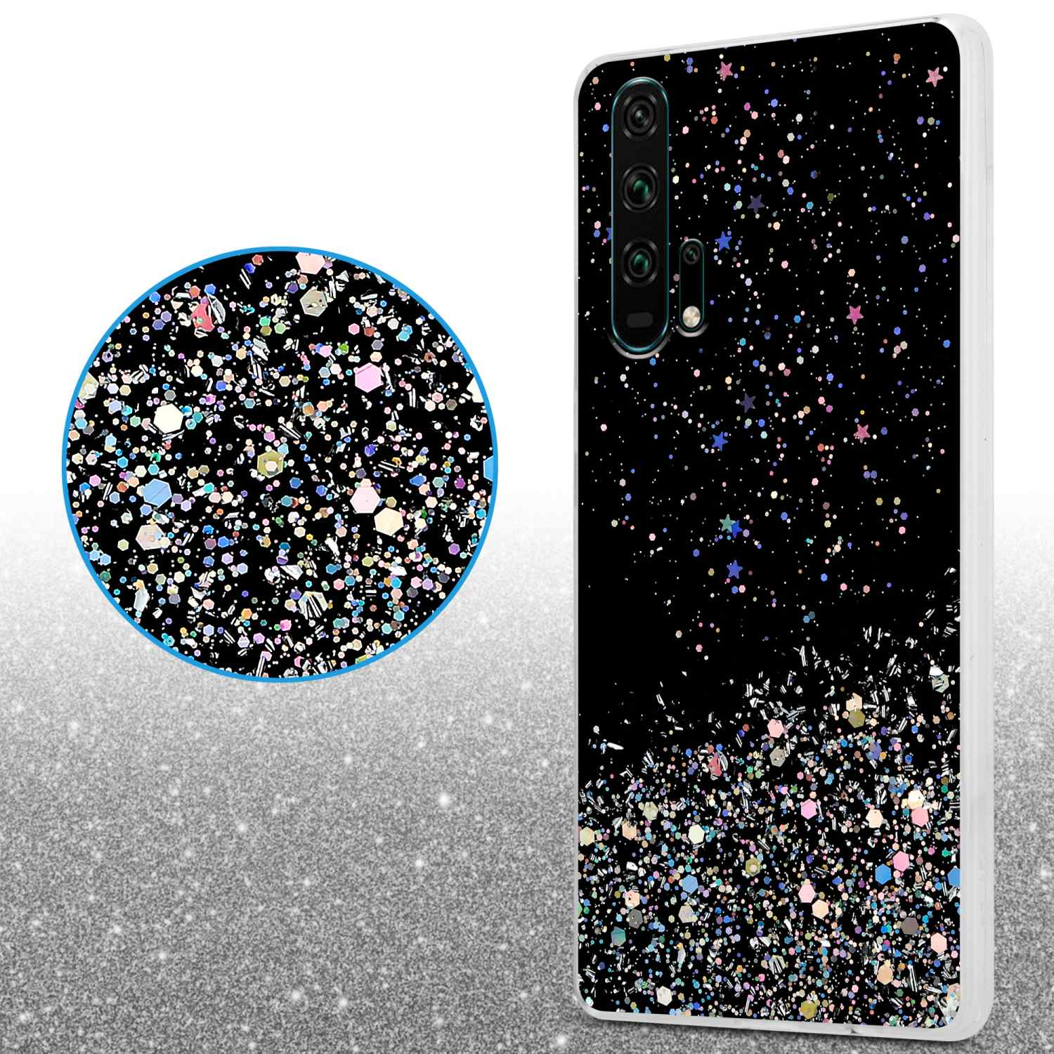 Eine Handyhülle mit schwarzem Hintergrund und funkelndem Glitzer. Eine kreisförmige Nahaufnahme des Glitzers ist zu sehen.