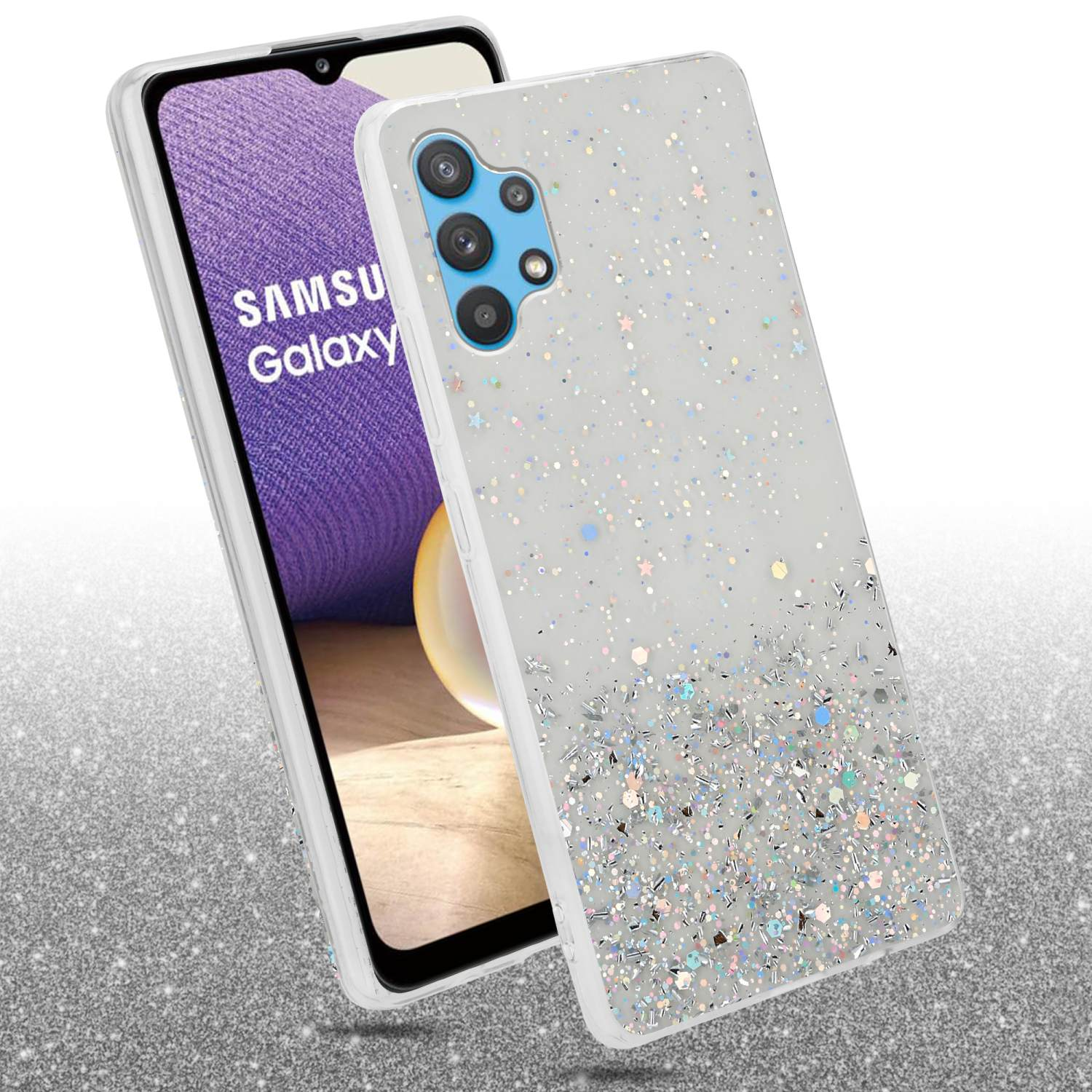 Telefono con custodia. La custodia è trasparente con glitter. Il telefono è nero con bordo bianco.