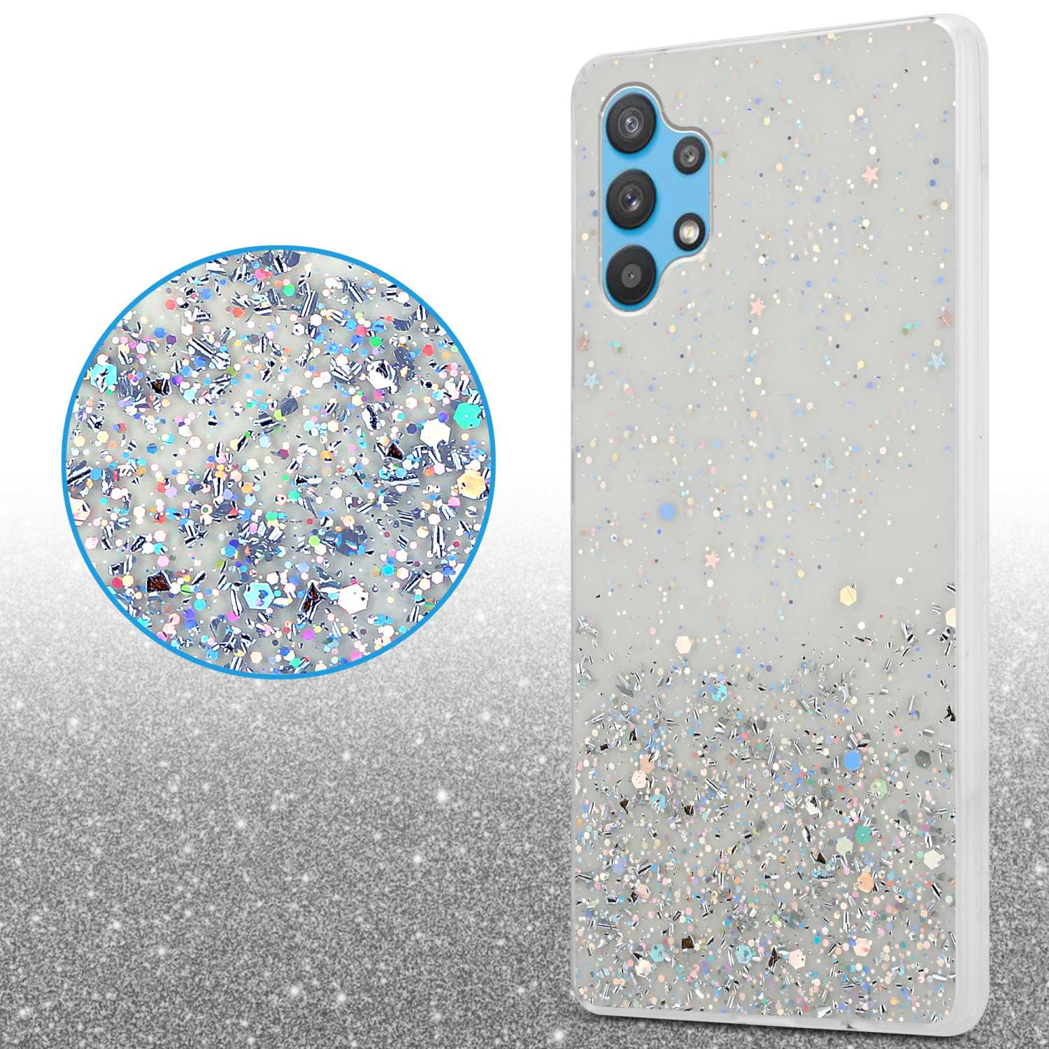 Custodia per telefono glitterata con effetto scintillante. Un cerchio evidenzia i dettagli dei glitter, con uno sfondo sfocato.