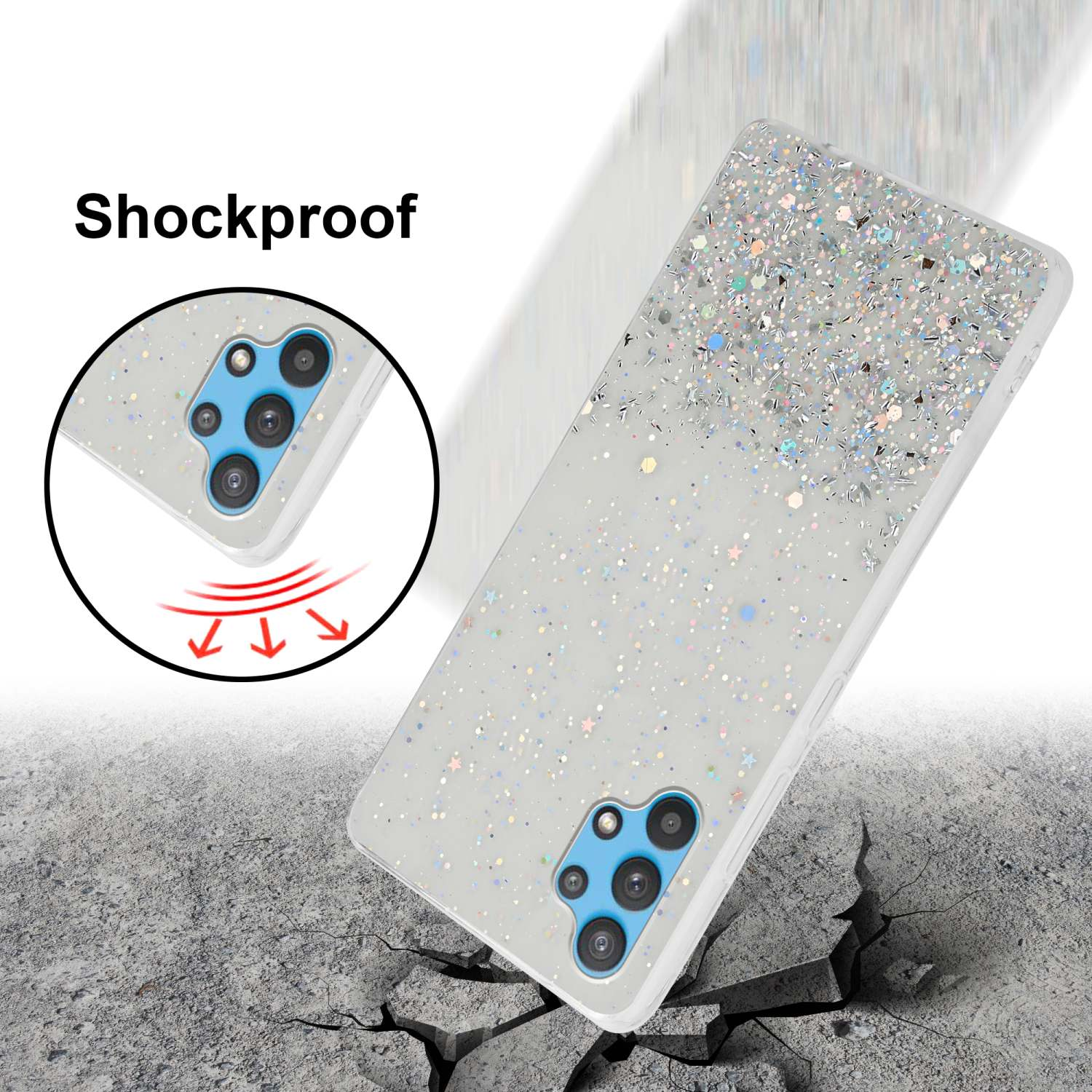 Custodia per telefono con design glitterato, che mostra una superficie rotta. Illustra le caratteristiche antiurto.