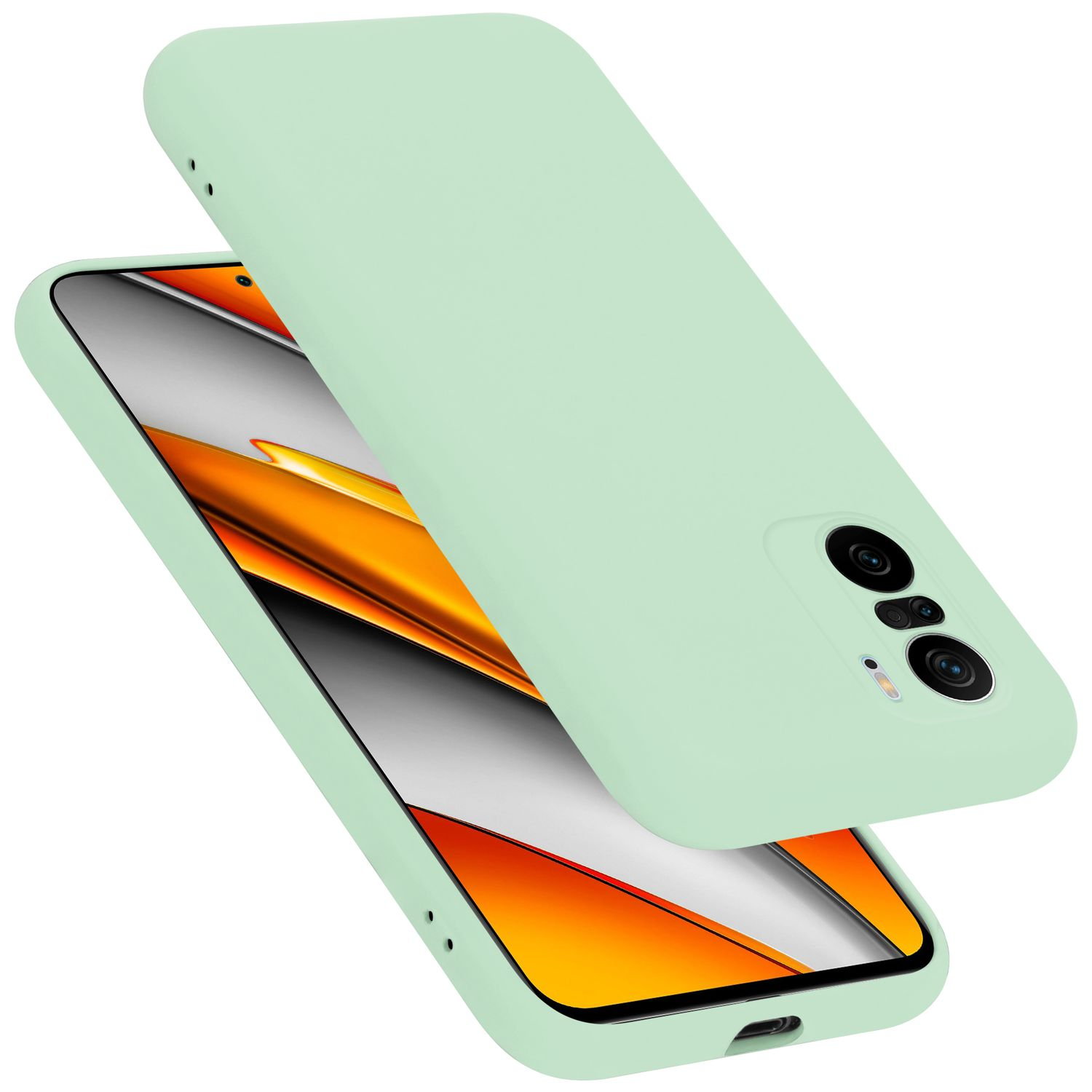 Eine mintgrüne Handyhülle mit einem Telefon. Das Telefon ist silber und schwarz.