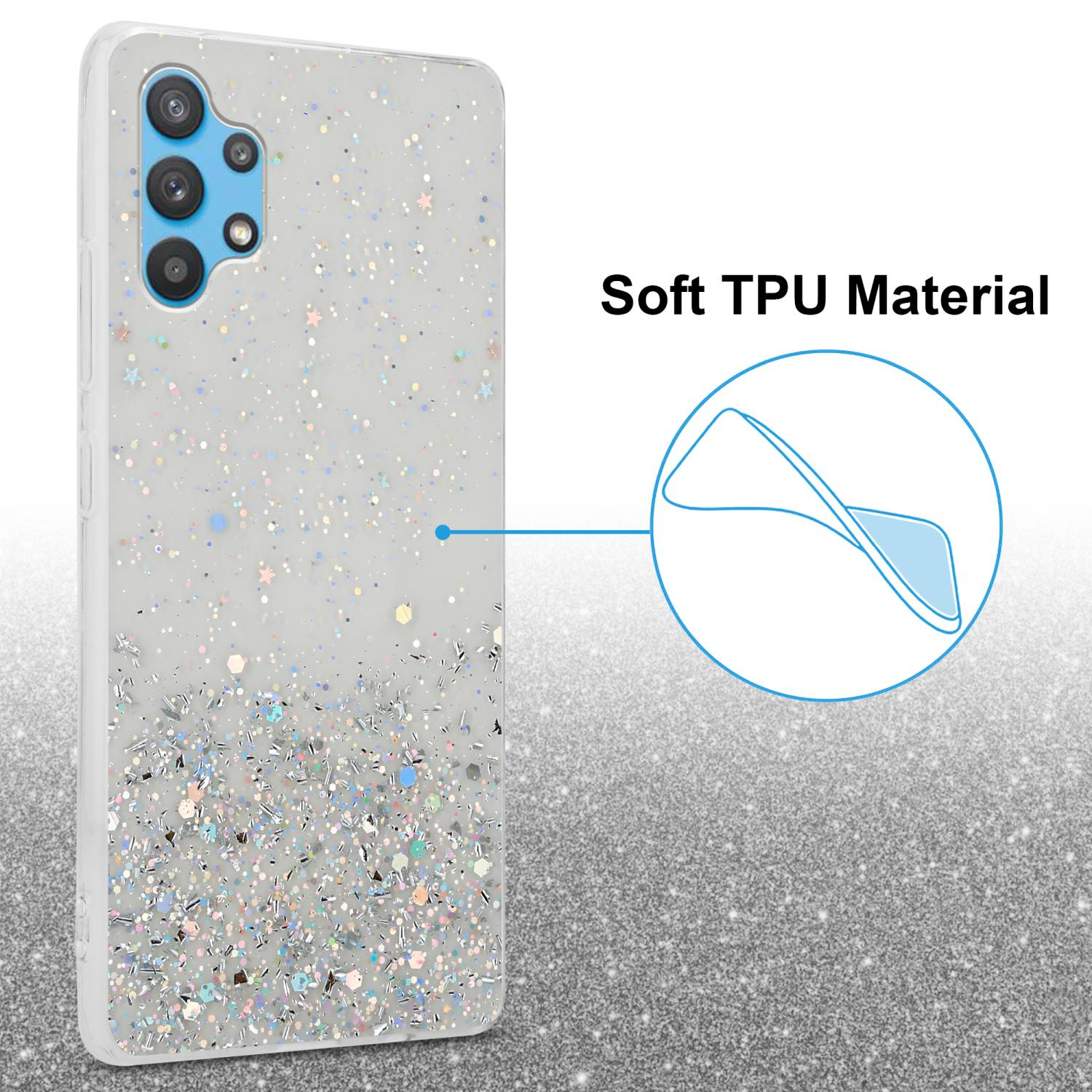 Una custodia per telefono bianca con glitter e stelle. Il testo recita 'Soft TPU Material' con una freccia.