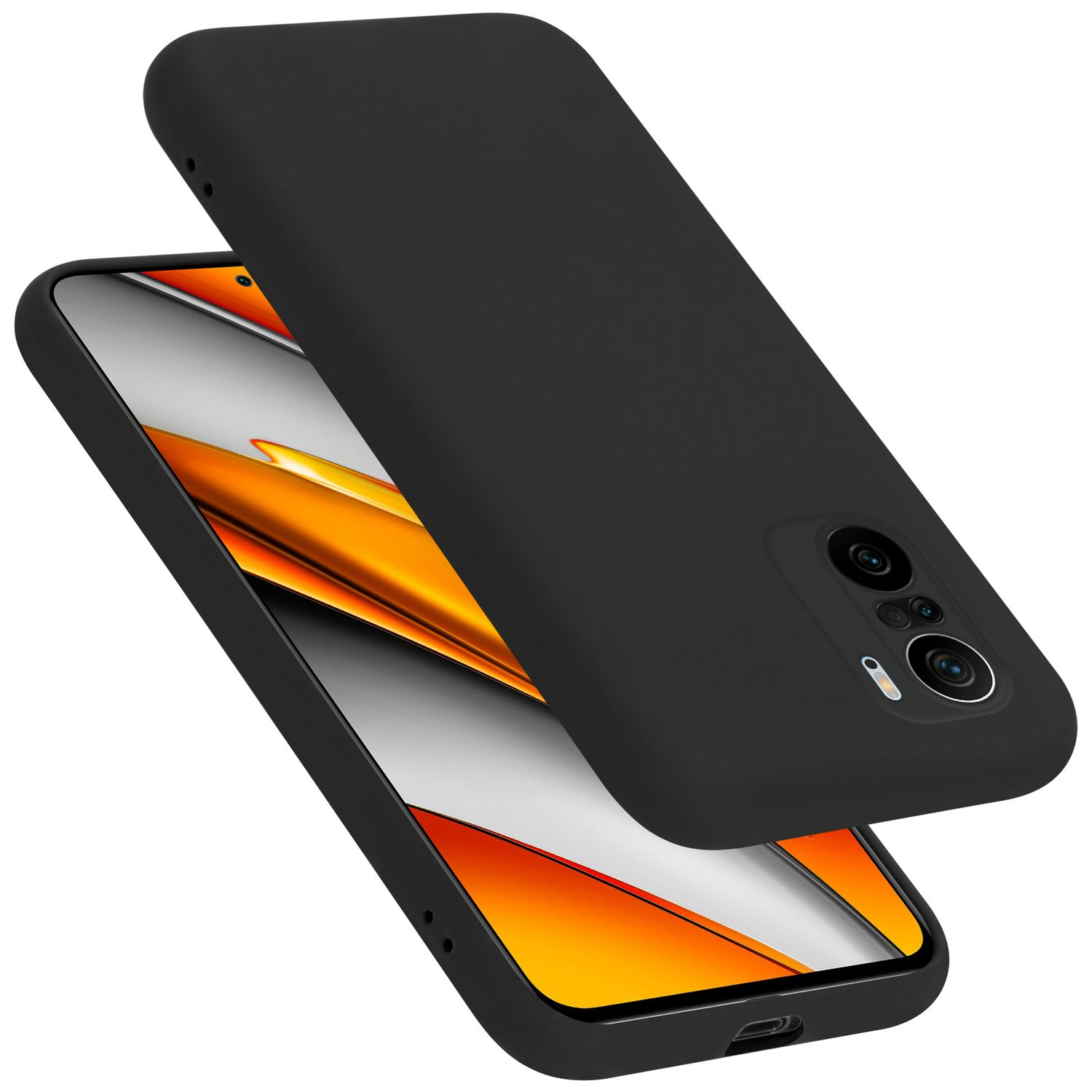 Zwei schwarze Handyhüllen, eine über der anderen, zeigen ein Handy mit orangefarbenem Detail.