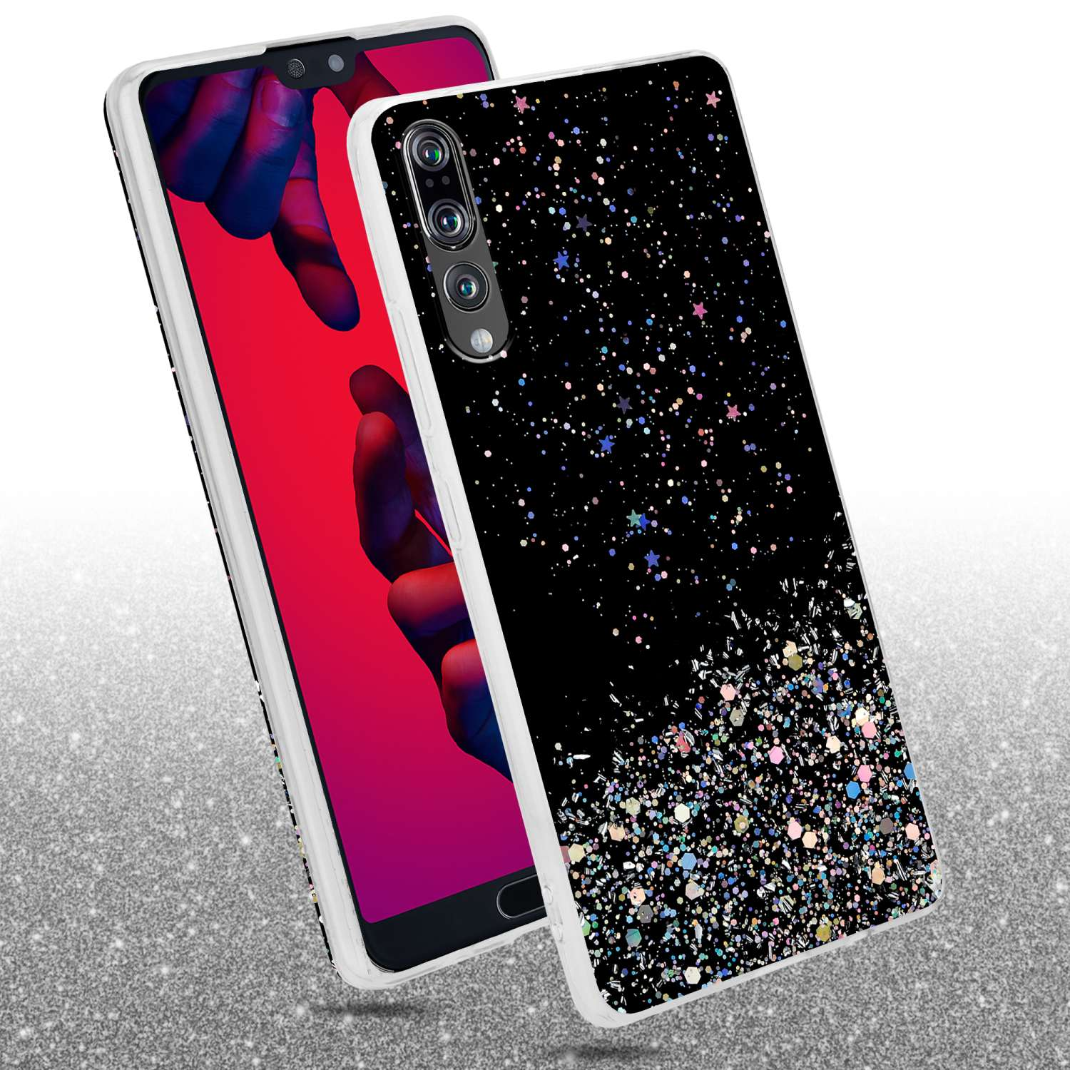Una custodia per smartphone con un design nero e glitterato. La custodia è su un telefono, su una superficie lucida.