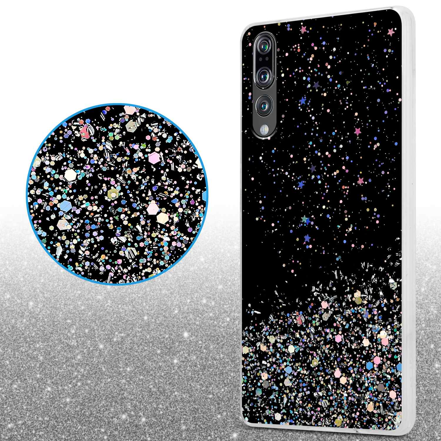 Custodia per telefono con un design scintillante. Dettagli glitterati, colori bianco e nero. Primo piano.