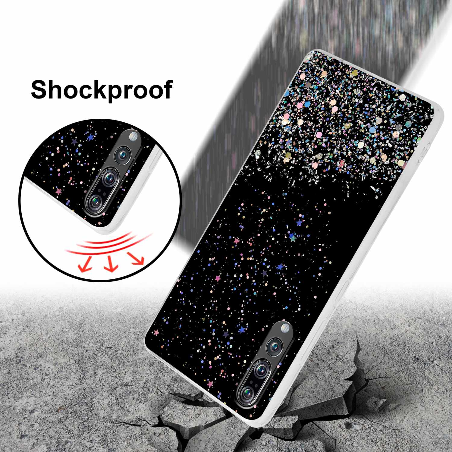 Custodia nera con design glitterato, sfondo in cemento crepato. Testo: 'Antishock'.