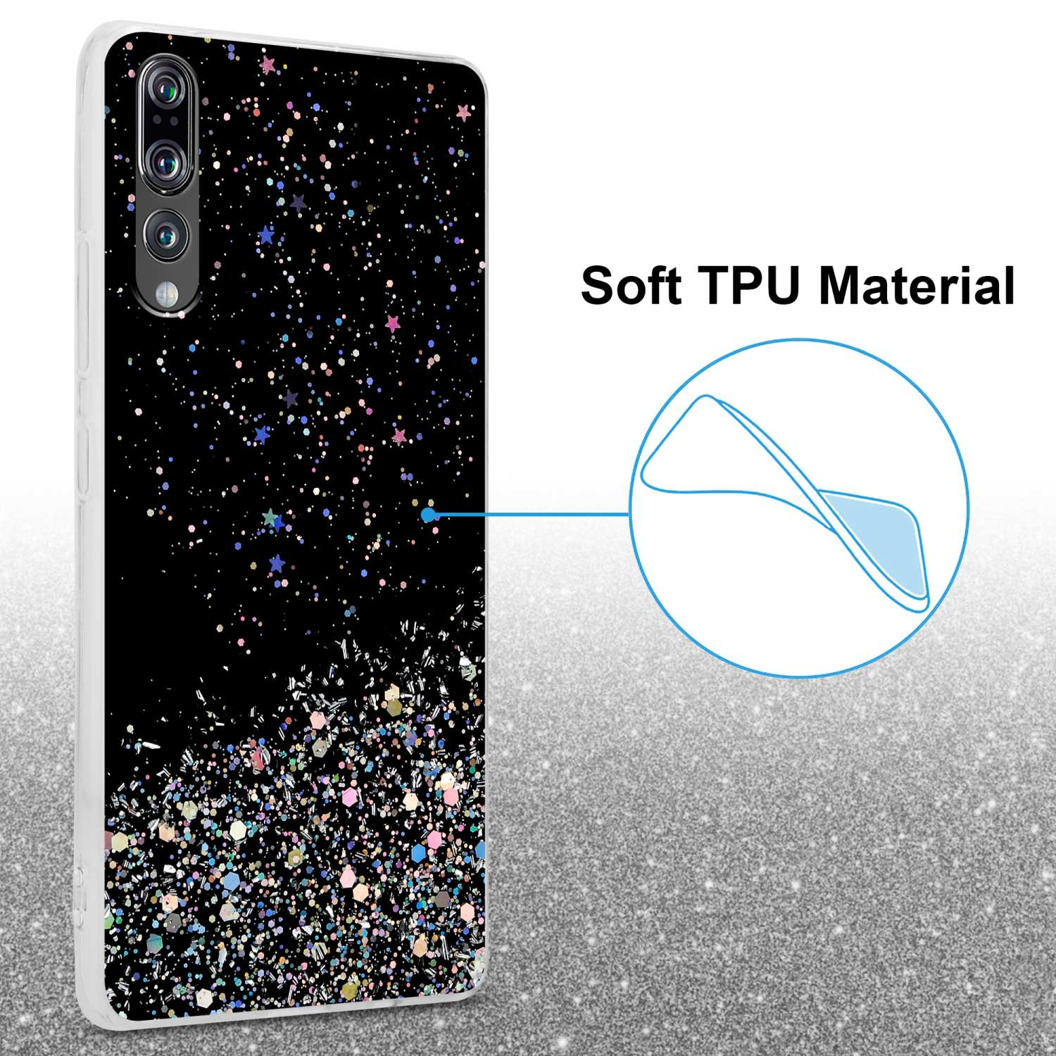 Una custodia per telefono con sfondo nero e glitter. Una freccia punta alla frase 'Soft TPU Material'.