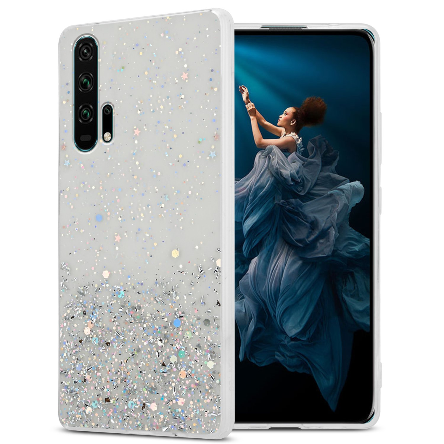 Custodia per telefono con glitter. Schermo mostra donna in abito blu.