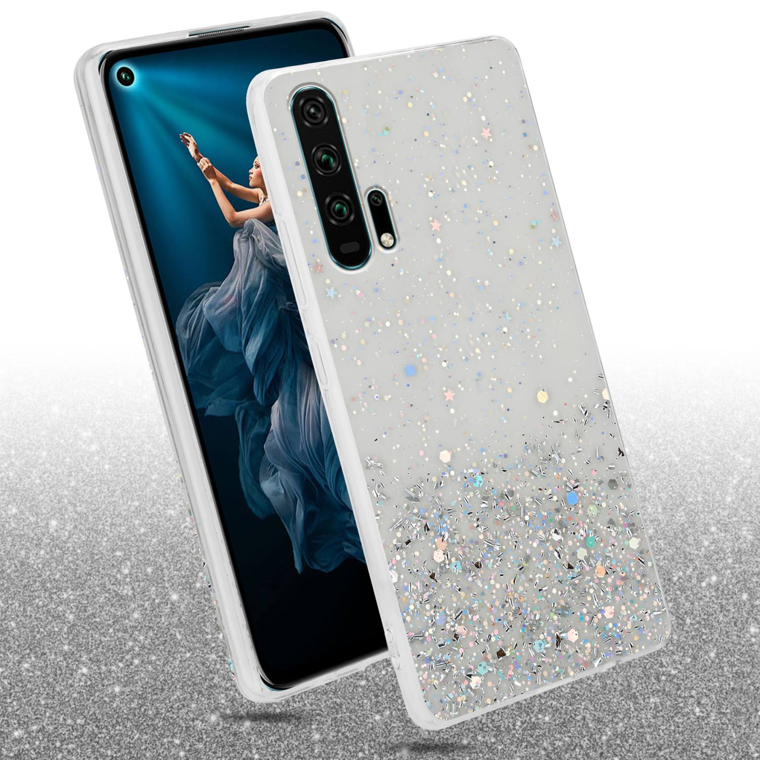 Custodia bianca con glitter. Telefono mostra donna in abito.